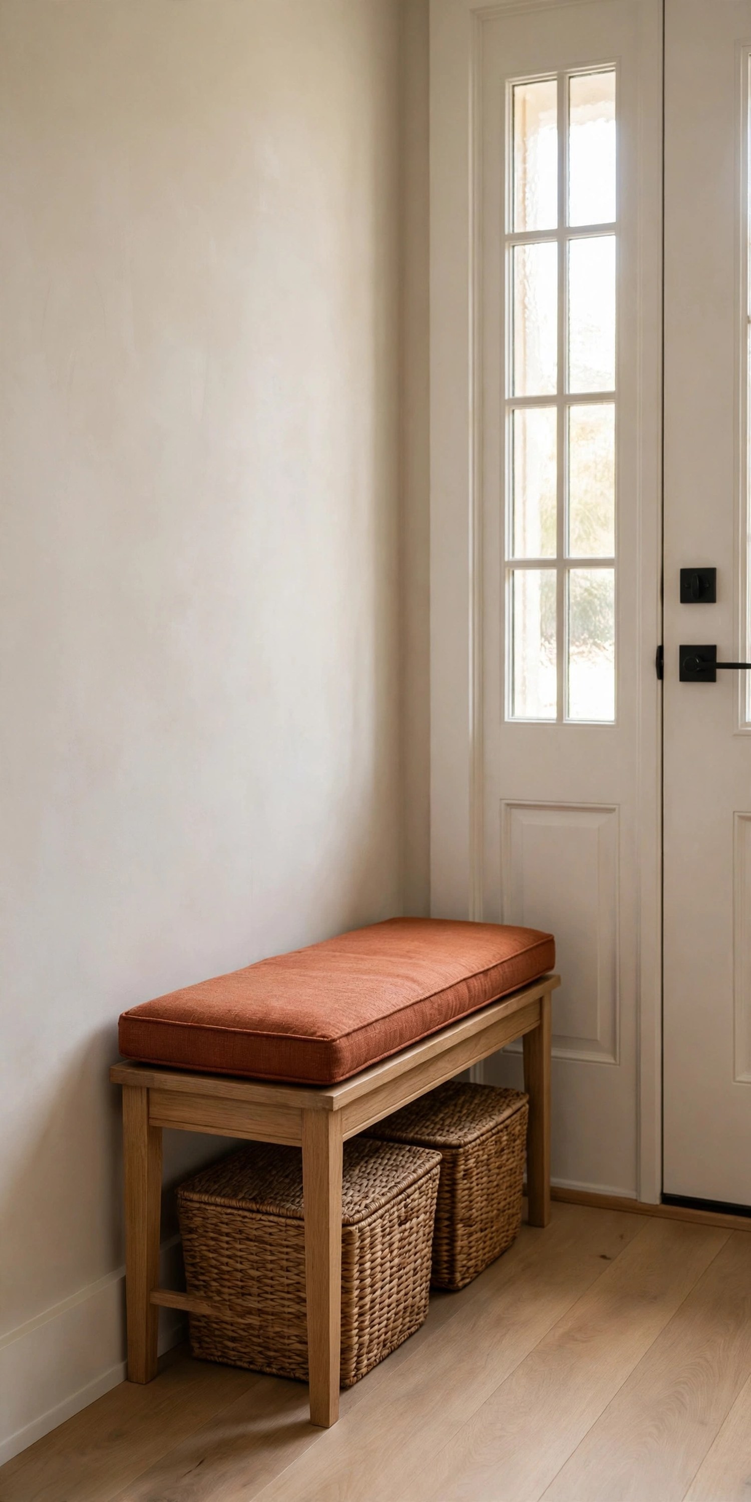 Narrow entryway bench with cushion and baskets underneath