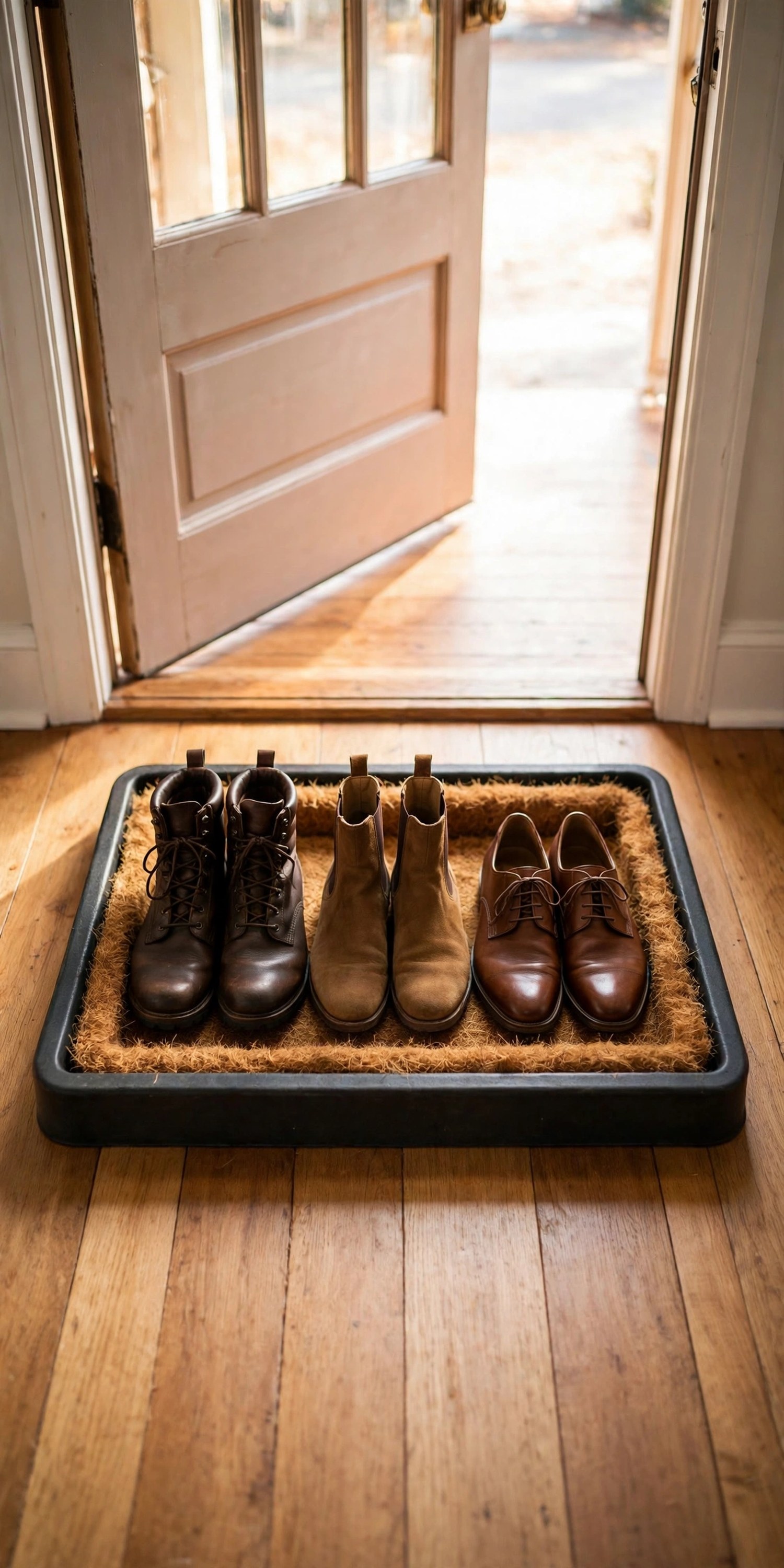 Boot tray with shoes by a front door in a Thanksgiving entryway
