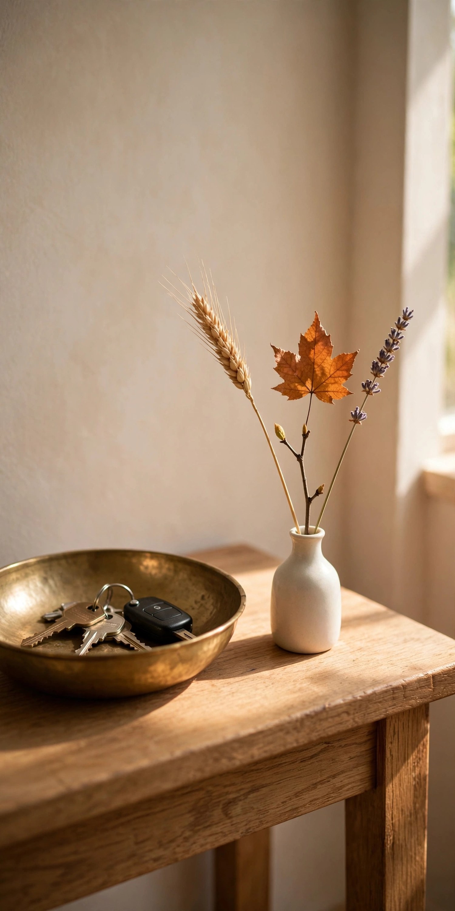 Brass key bowl beside a bud vase with wheat stems