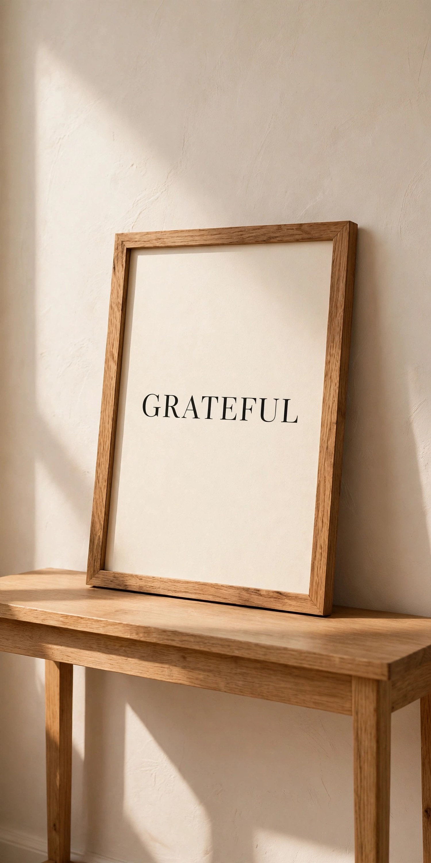 Framed gratitude quote leaning on an entryway console