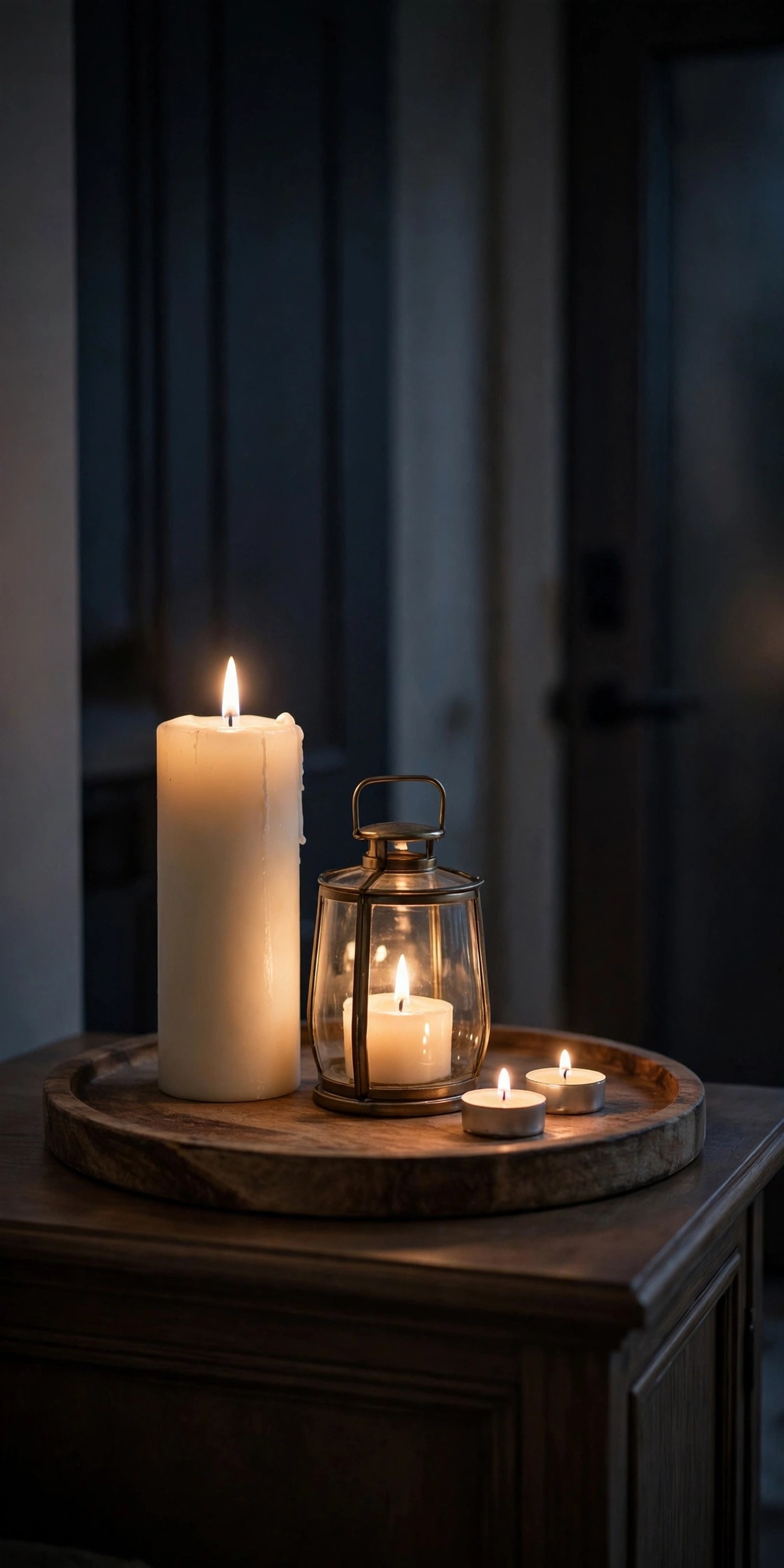 Candles in three heights glowing on an entryway console