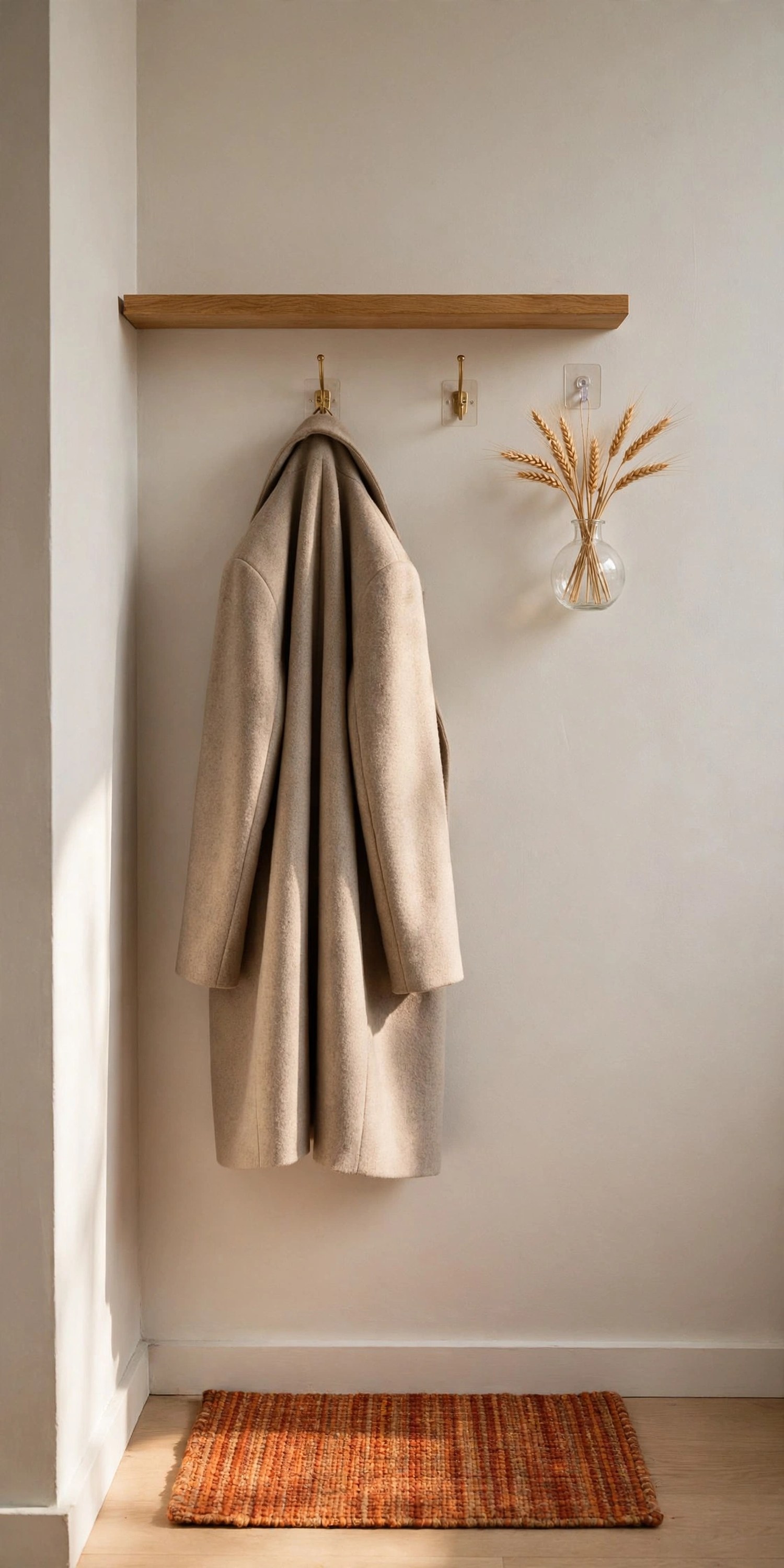 Tiny apartment entryway with floating shelf and hanging vase