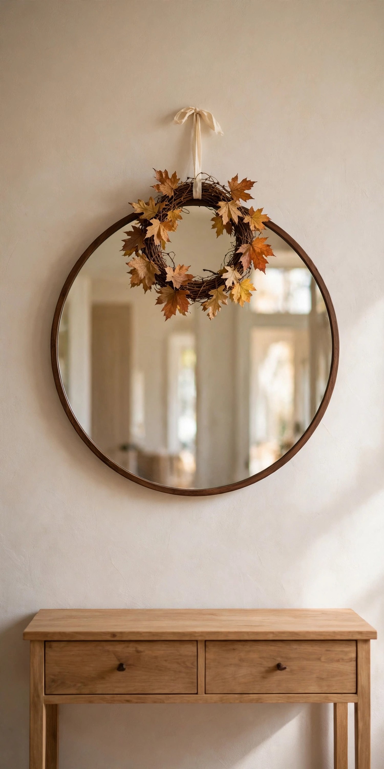 Round mirror with small fall wreath above an entryway console