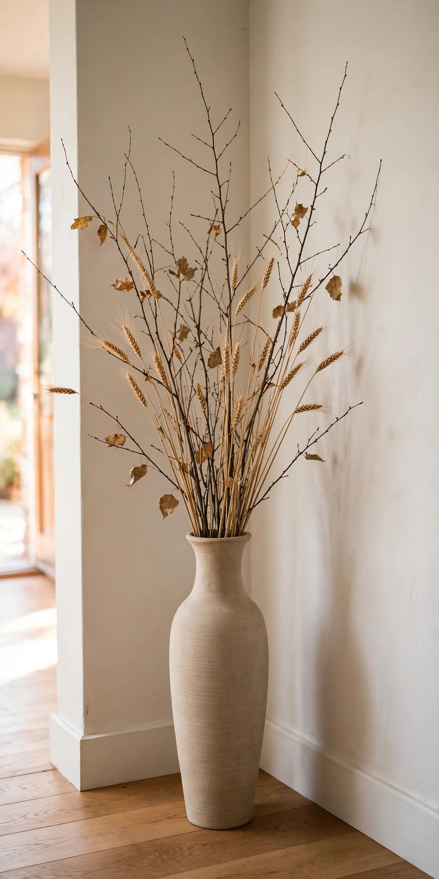 Tall vase with fall branches in a Thanksgiving entryway