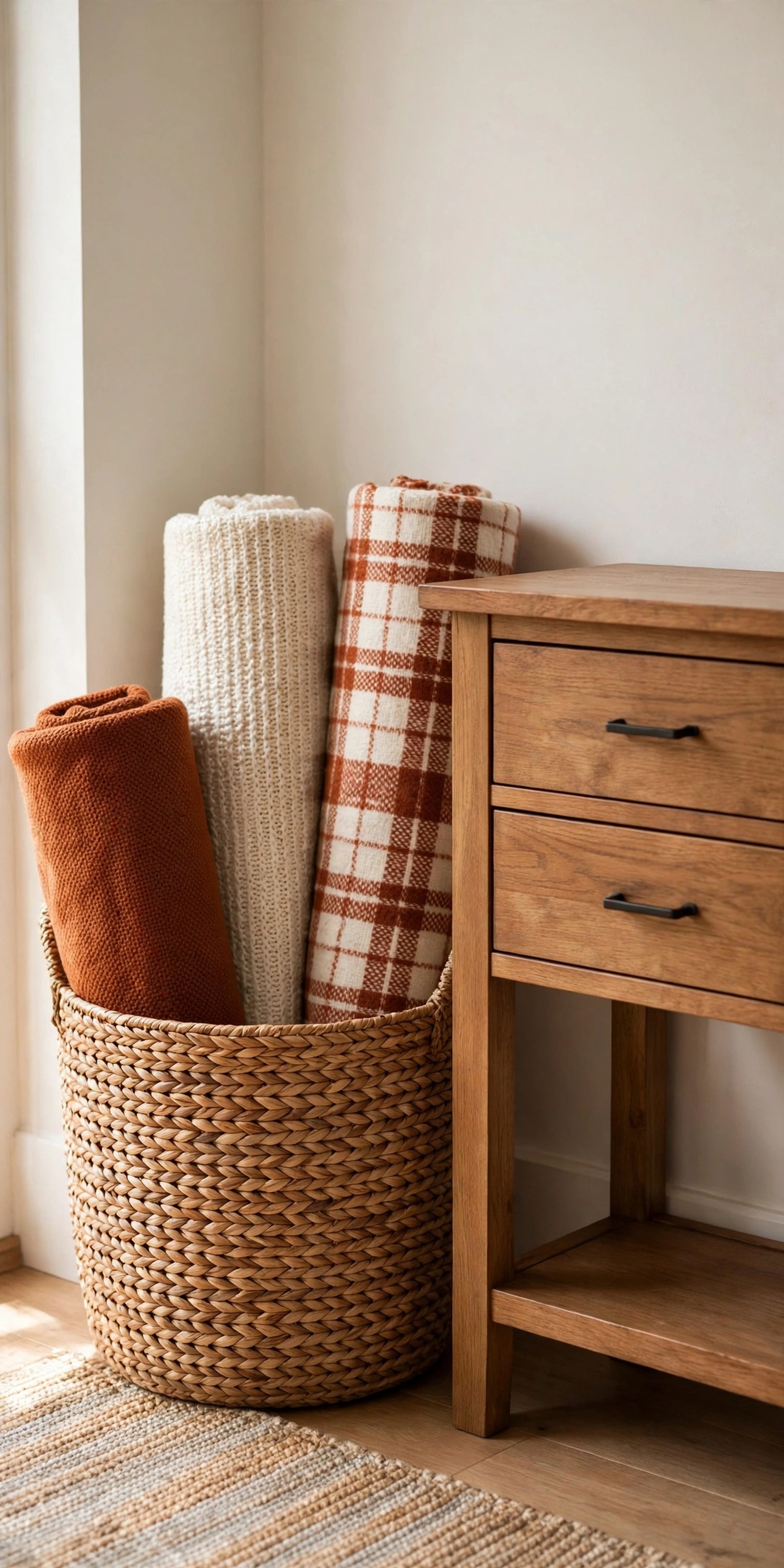Woven basket filled with rolled throw blankets by a console