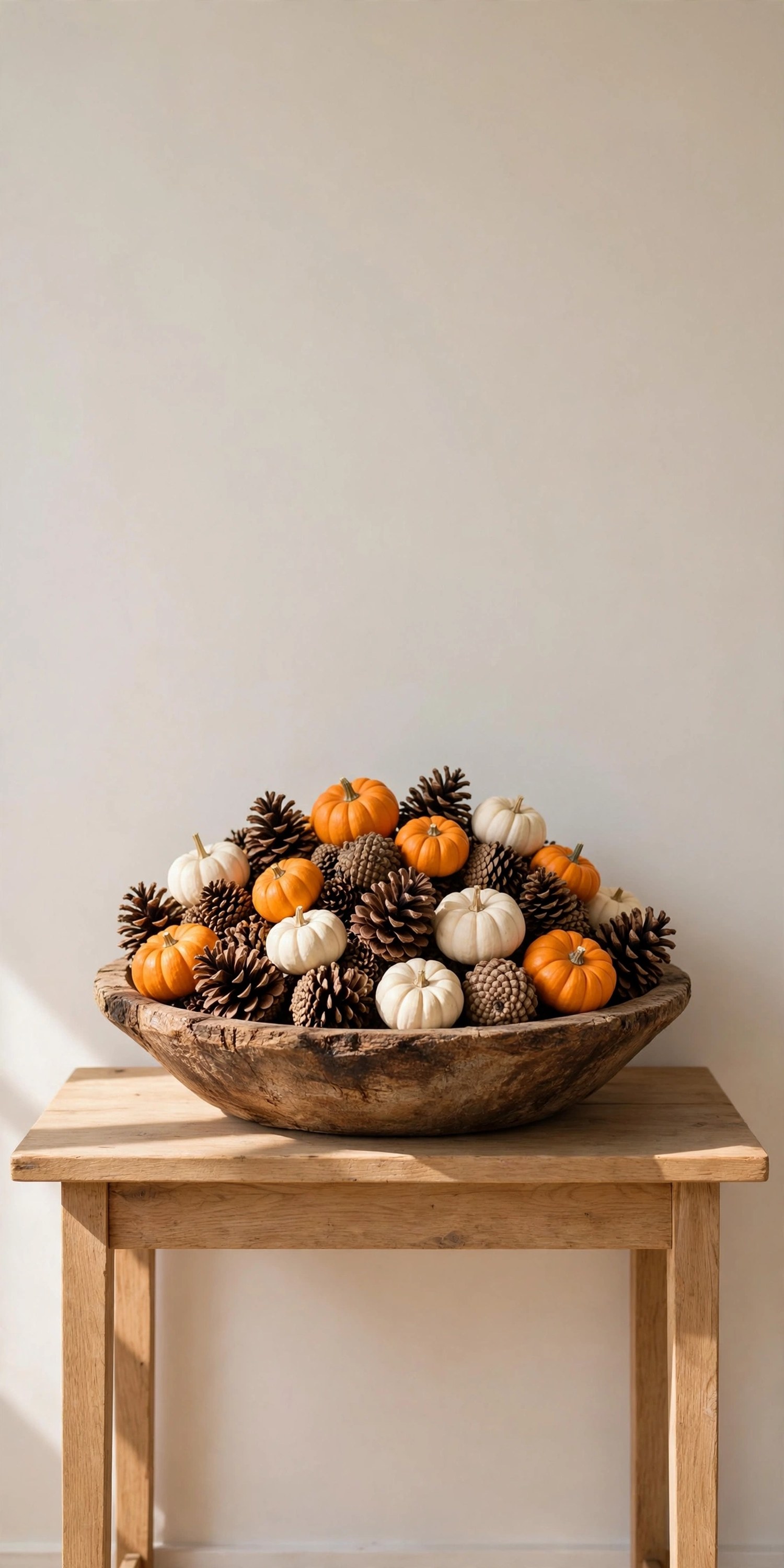 Wooden bowl heaped with pinecones and mini pumpkins
