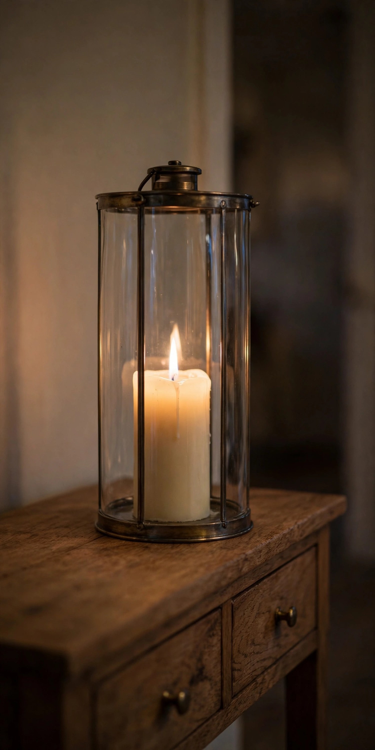 Glowing pillar candle in a hurricane on an entryway console