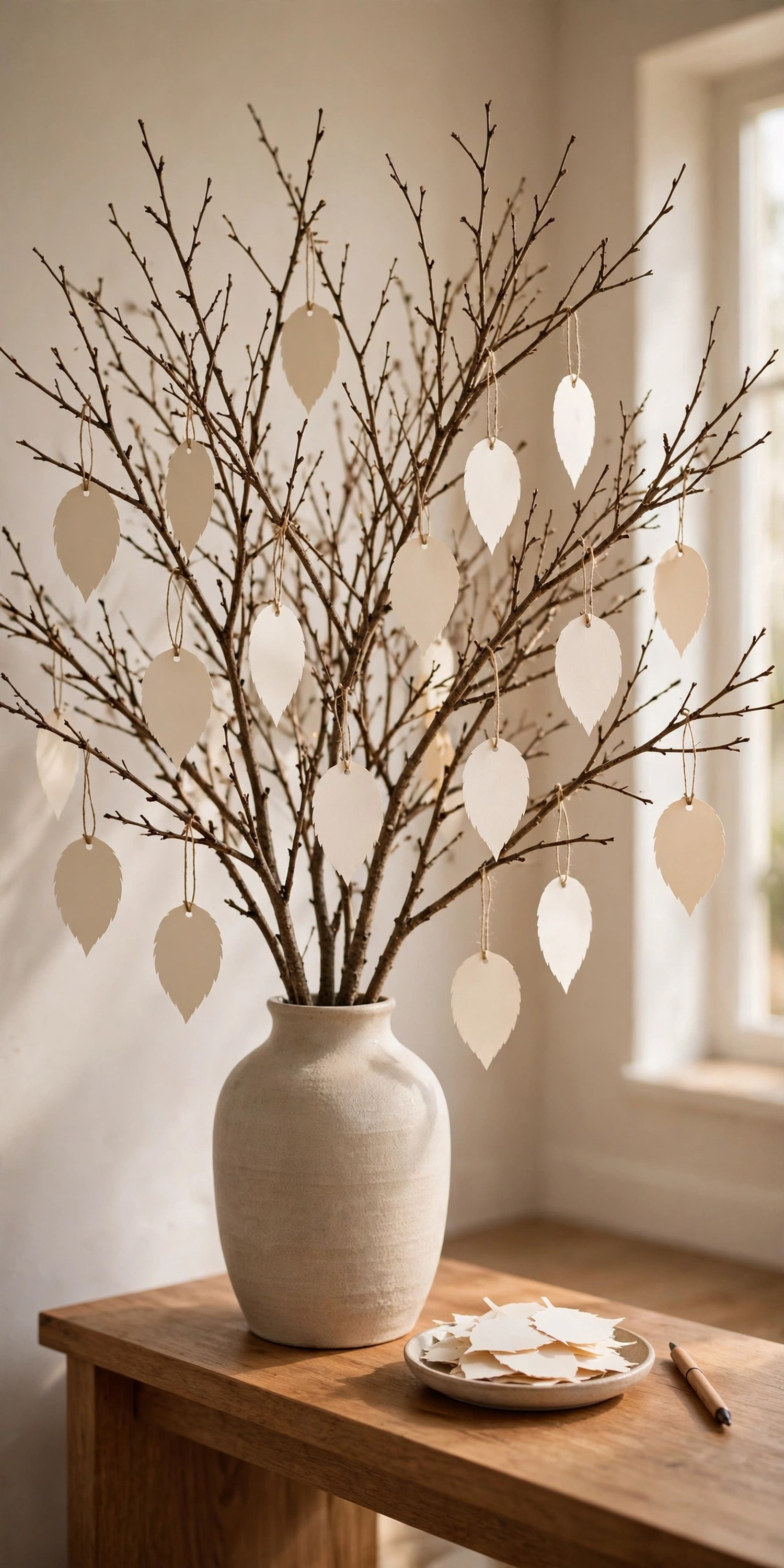 Gratitude tree with paper leaves on an entryway console