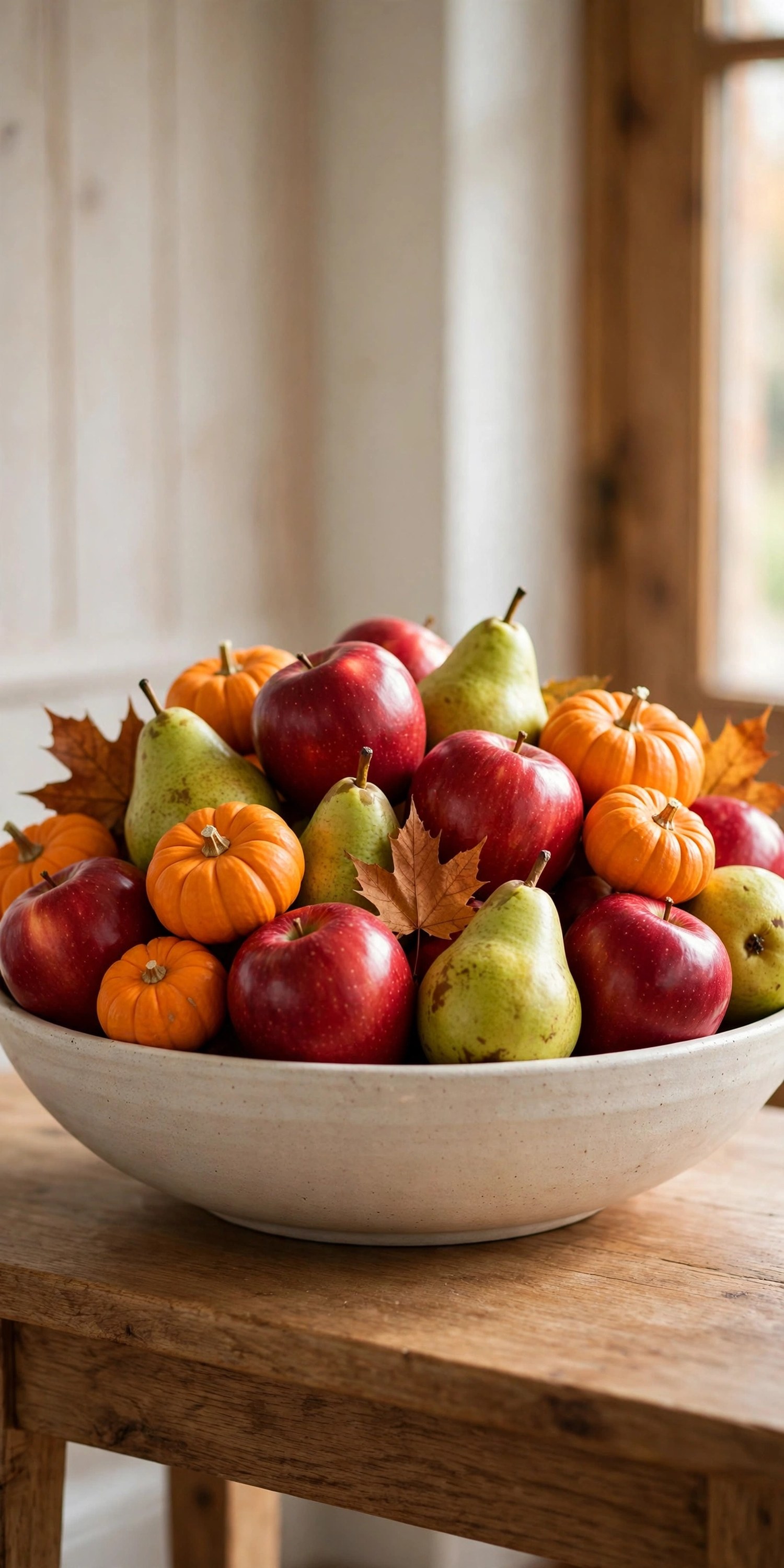 Bowl of apples, pears, and mini pumpkins on an entryway table