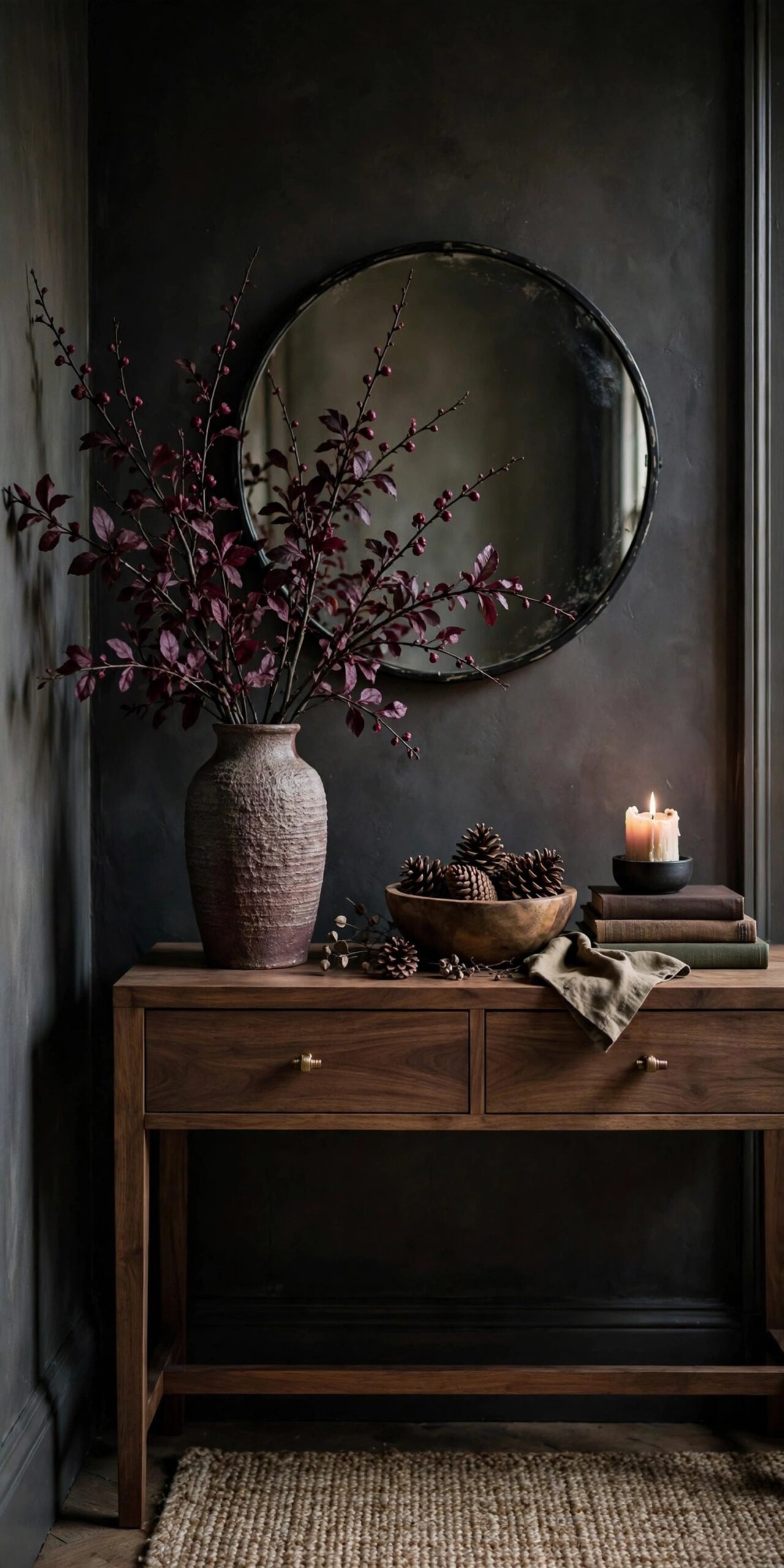 Styled fall entryway console with burgundy branches and mirror