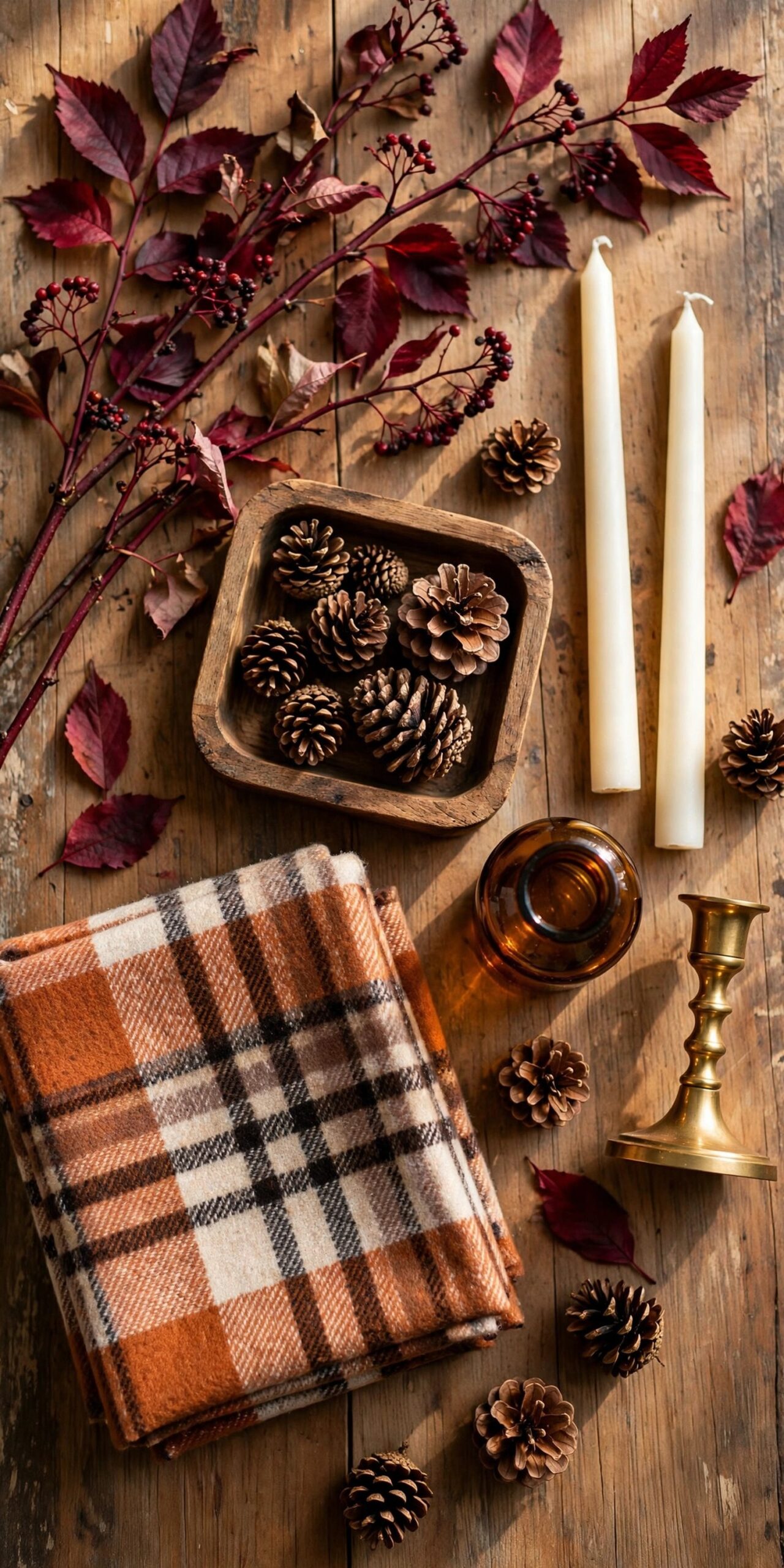 Fall entryway styling kit flat lay with branches and candles