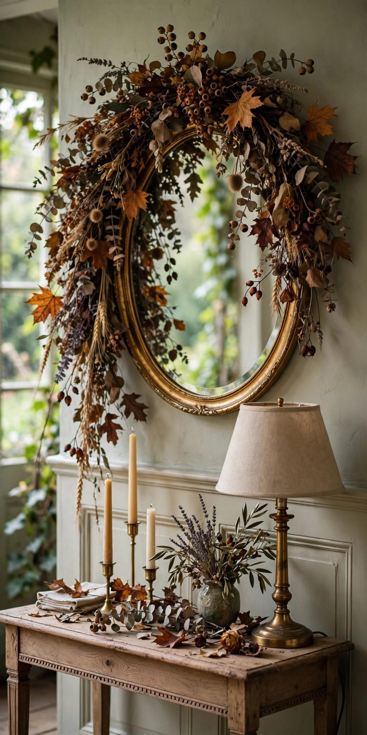 Fall garland draped over a gold mirror in an entryway