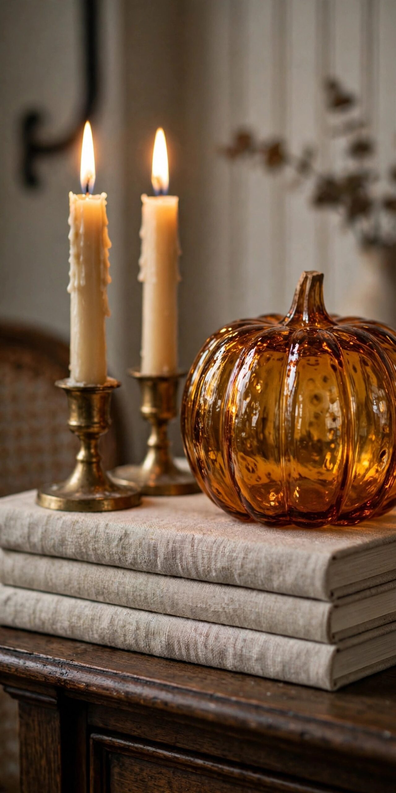 Amber glass pumpkin with taper candles on stacked books