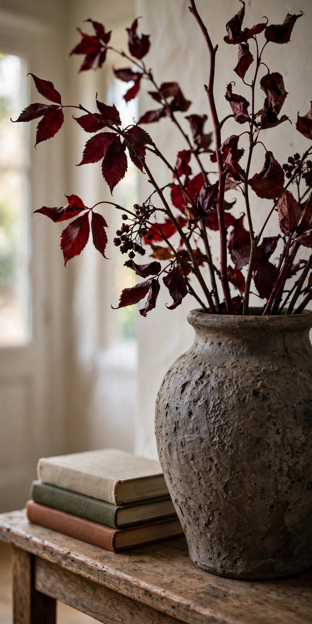 Textured vase with sculptural burgundy fall branches