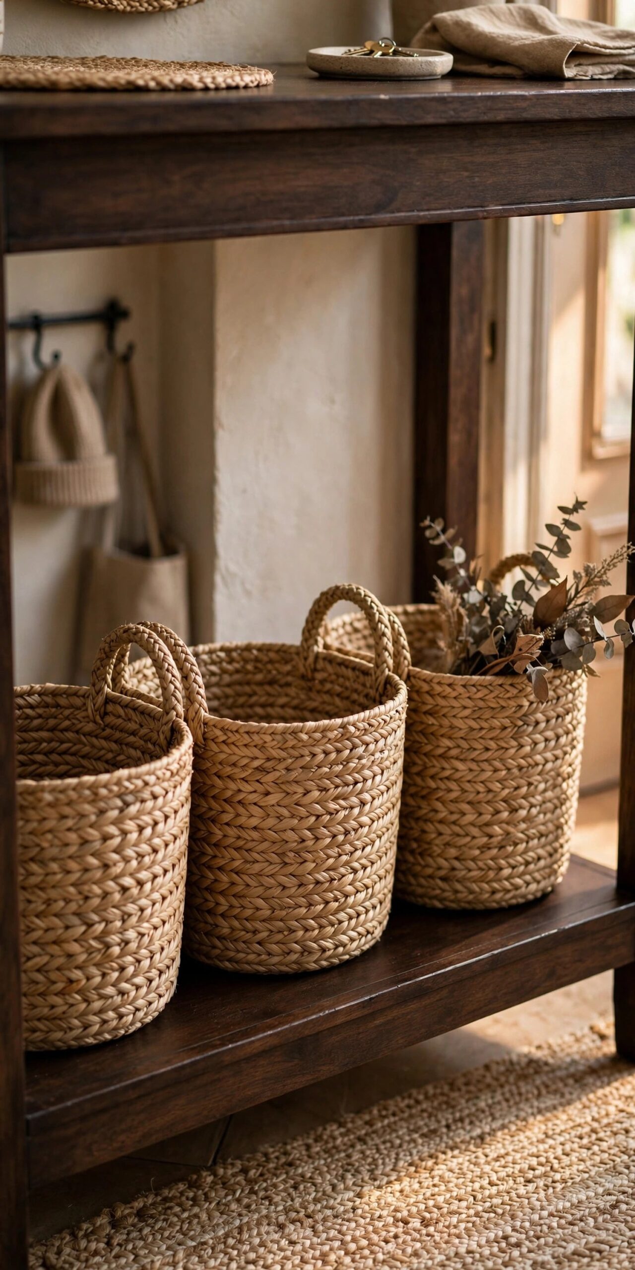 Woven storage baskets under an entryway console table