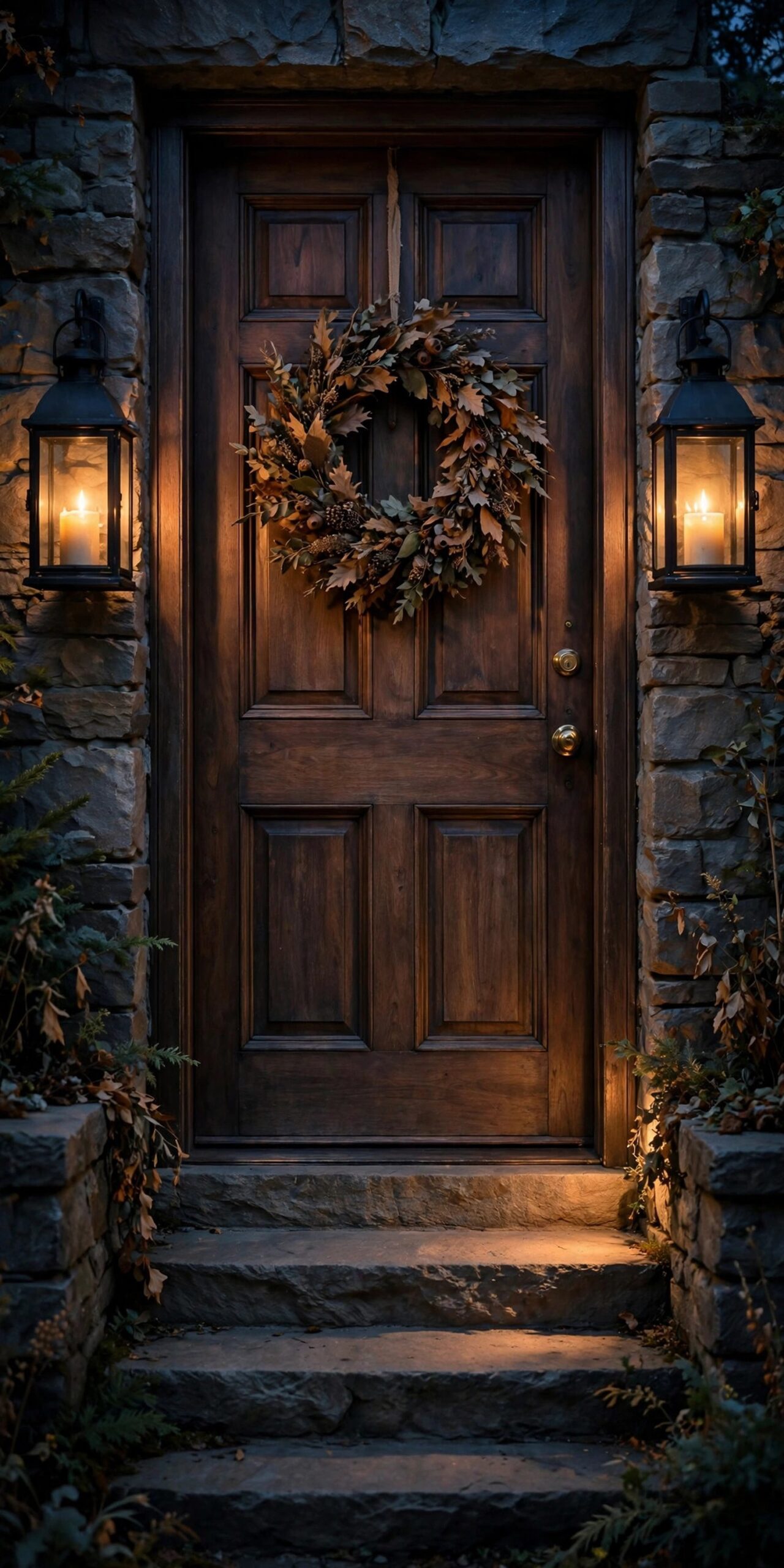 Lit lanterns flanking a front door at dusk in fall