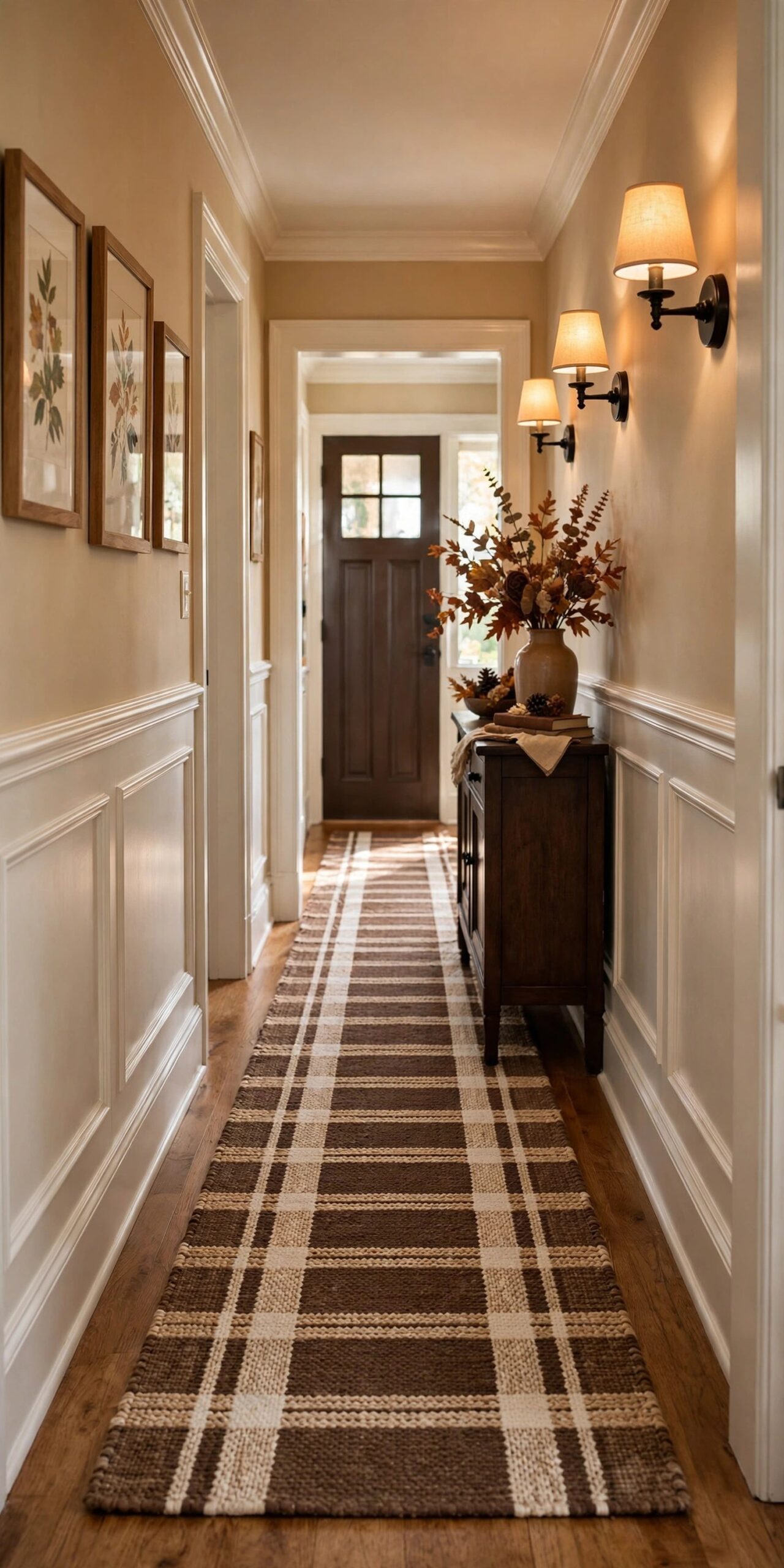 Chocolate striped runner rug in a fall entryway hallway