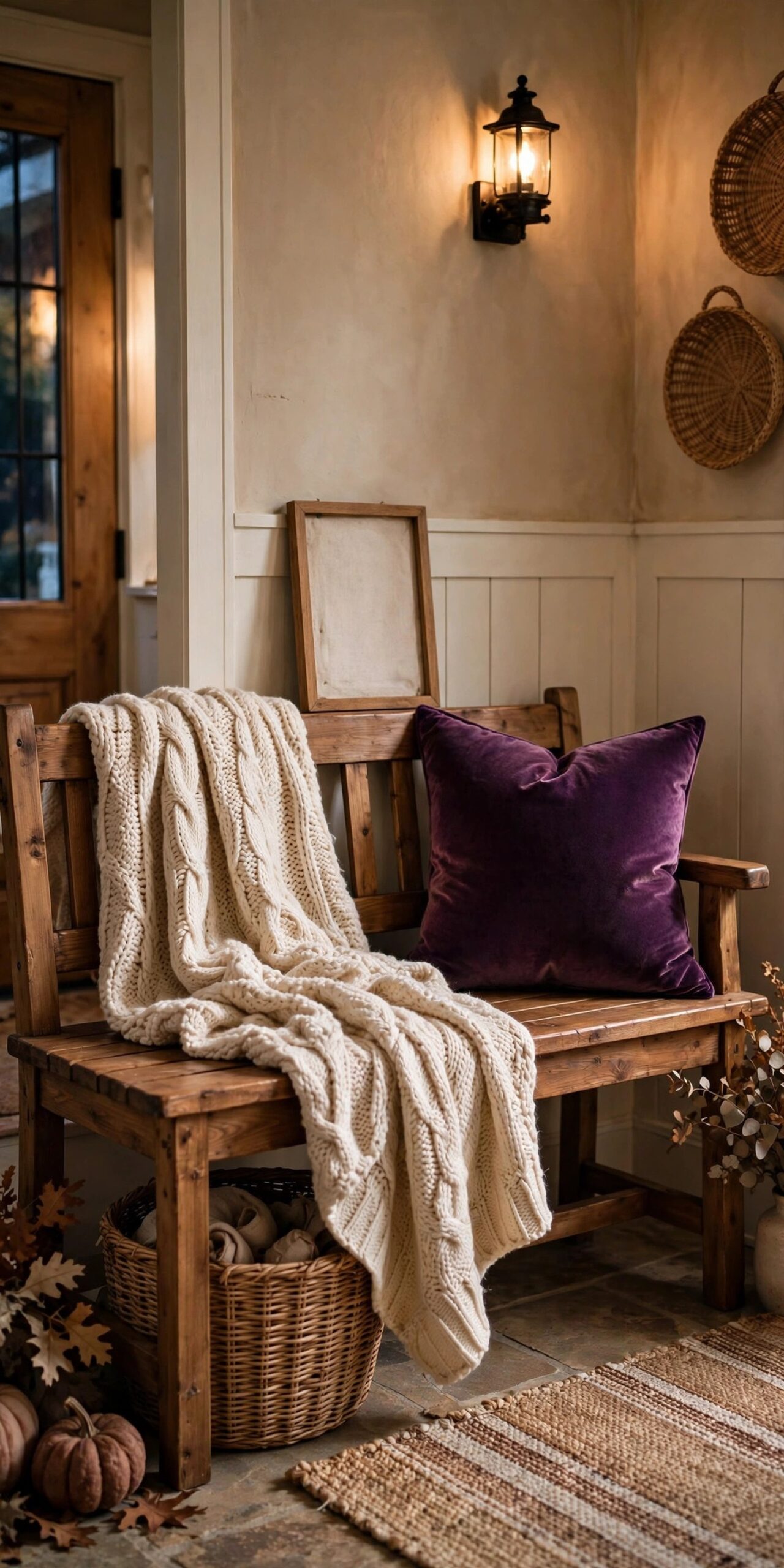 Entryway bench styled with knit throw and velvet pillow