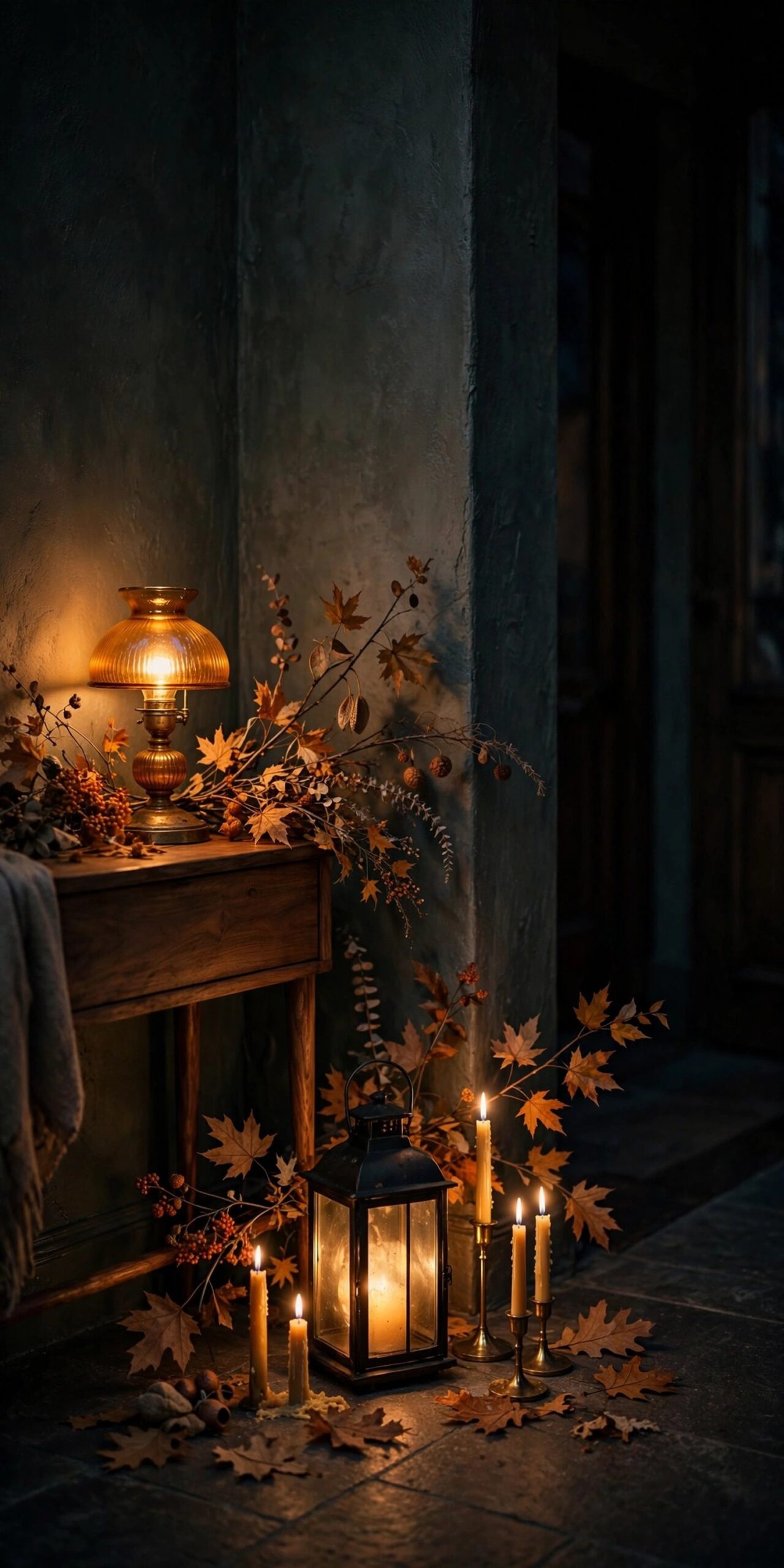 Warm layered lighting in a fall entryway at night