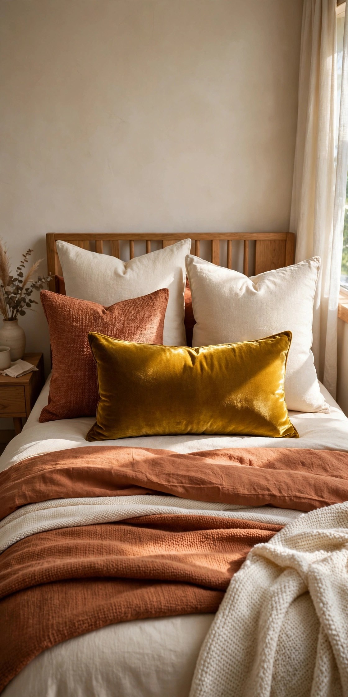 Mustard velvet lumbar pillow on bed