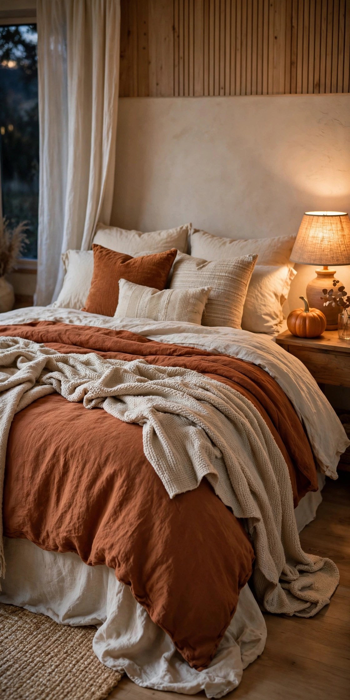 Layered fall bed with rust and cream bedding