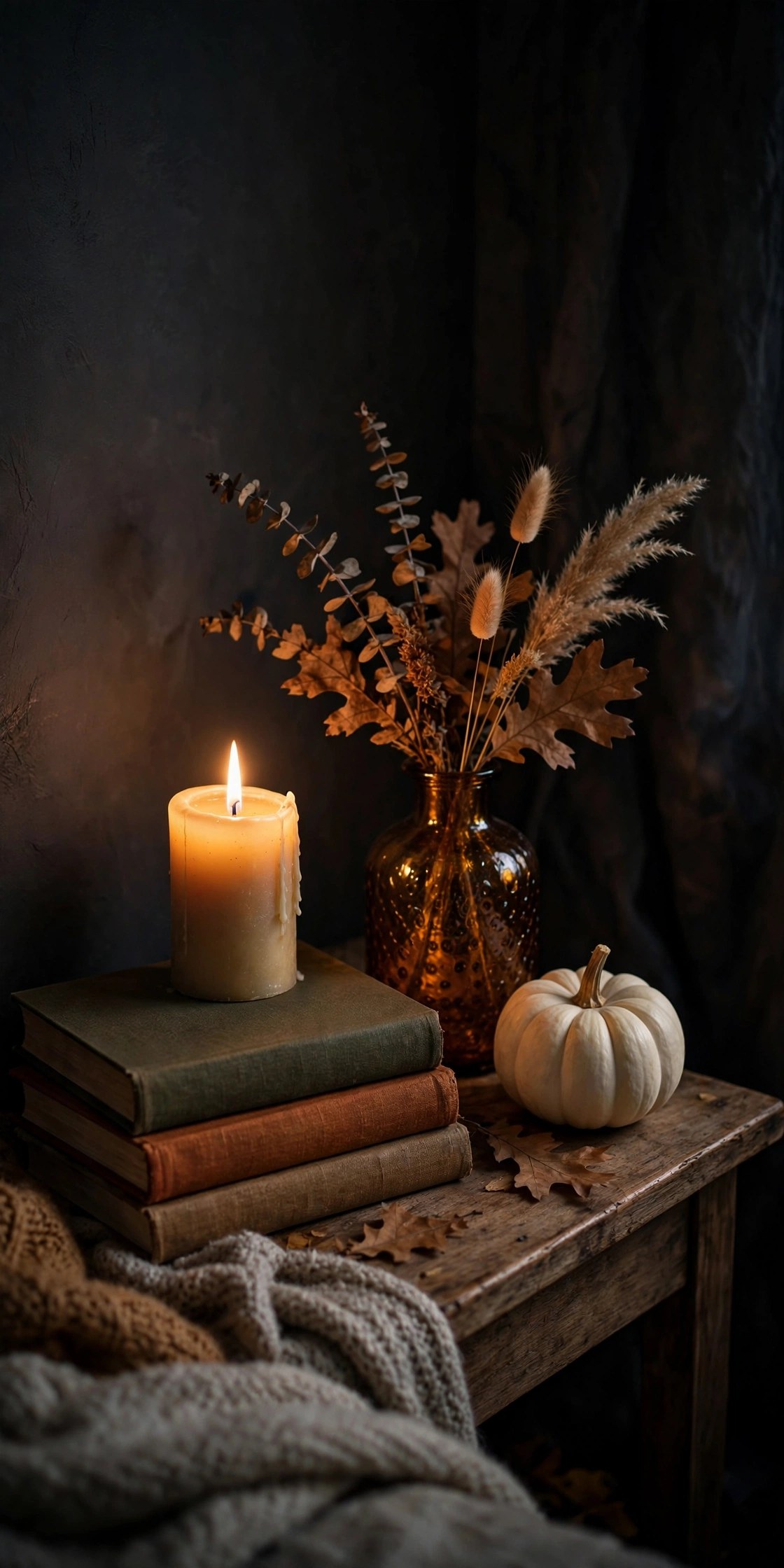 Nightstand with candle amber glass and pumpkin