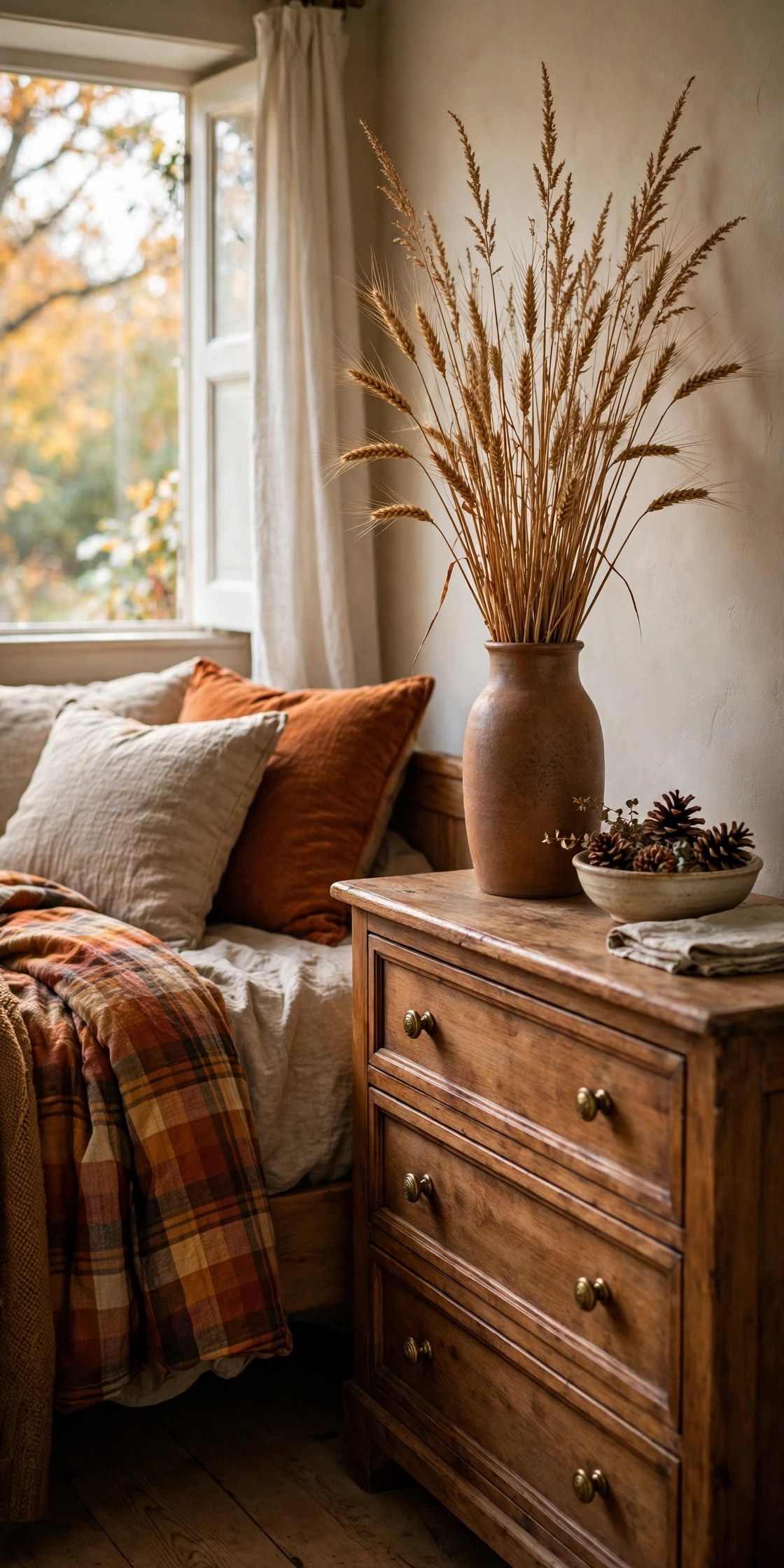 Dried wheat stems in vase beside fall bed