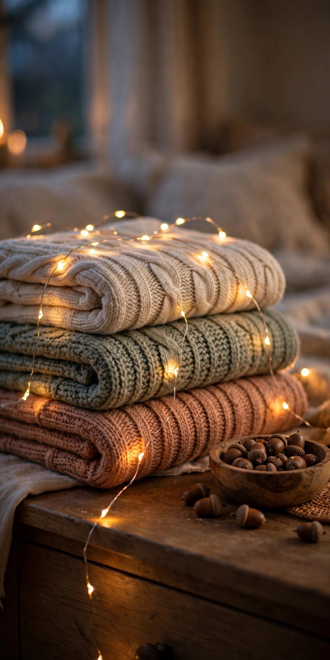 Fairy lights over folded knit throws