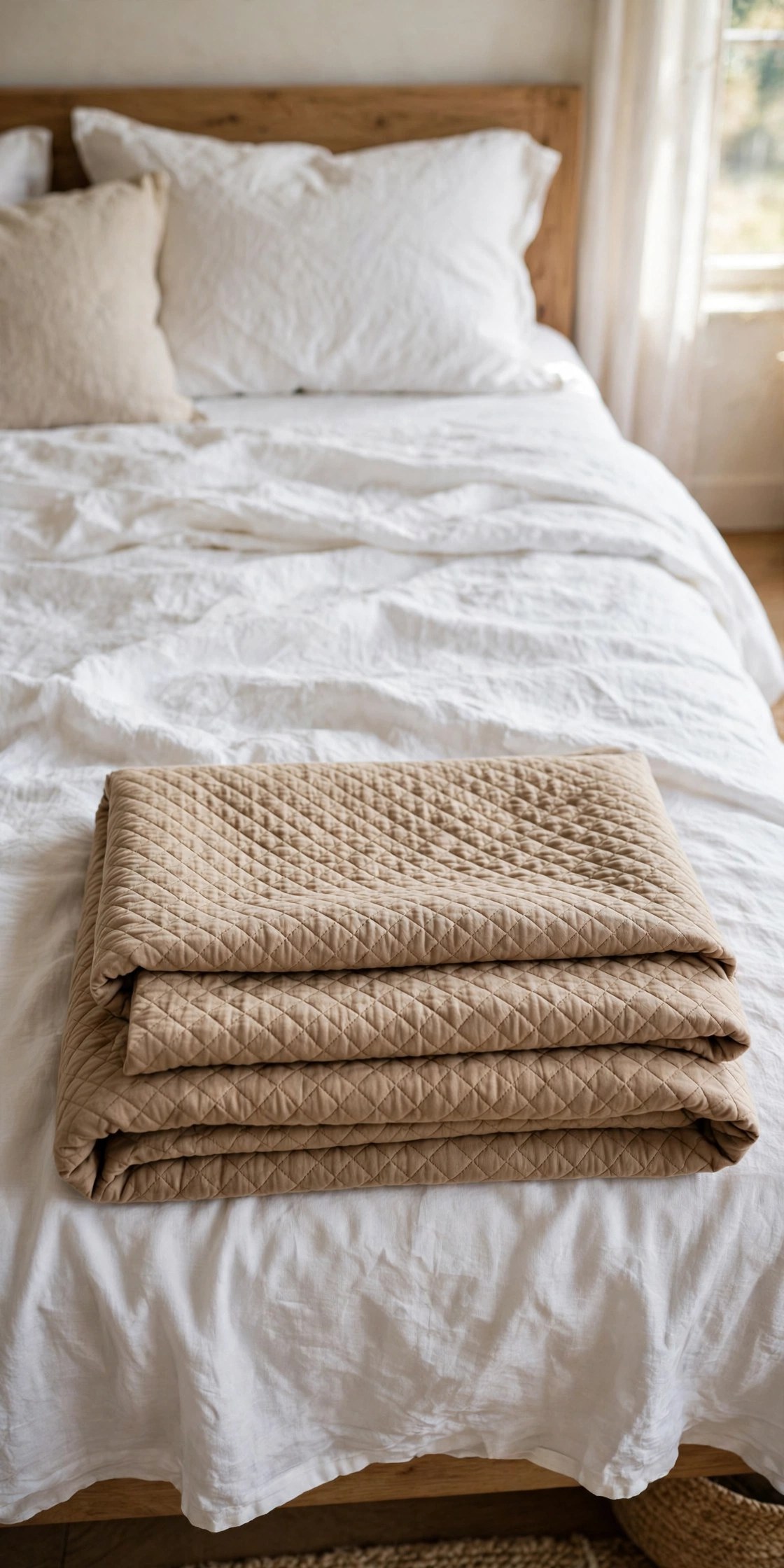 Quilted coverlet folded at foot of bed