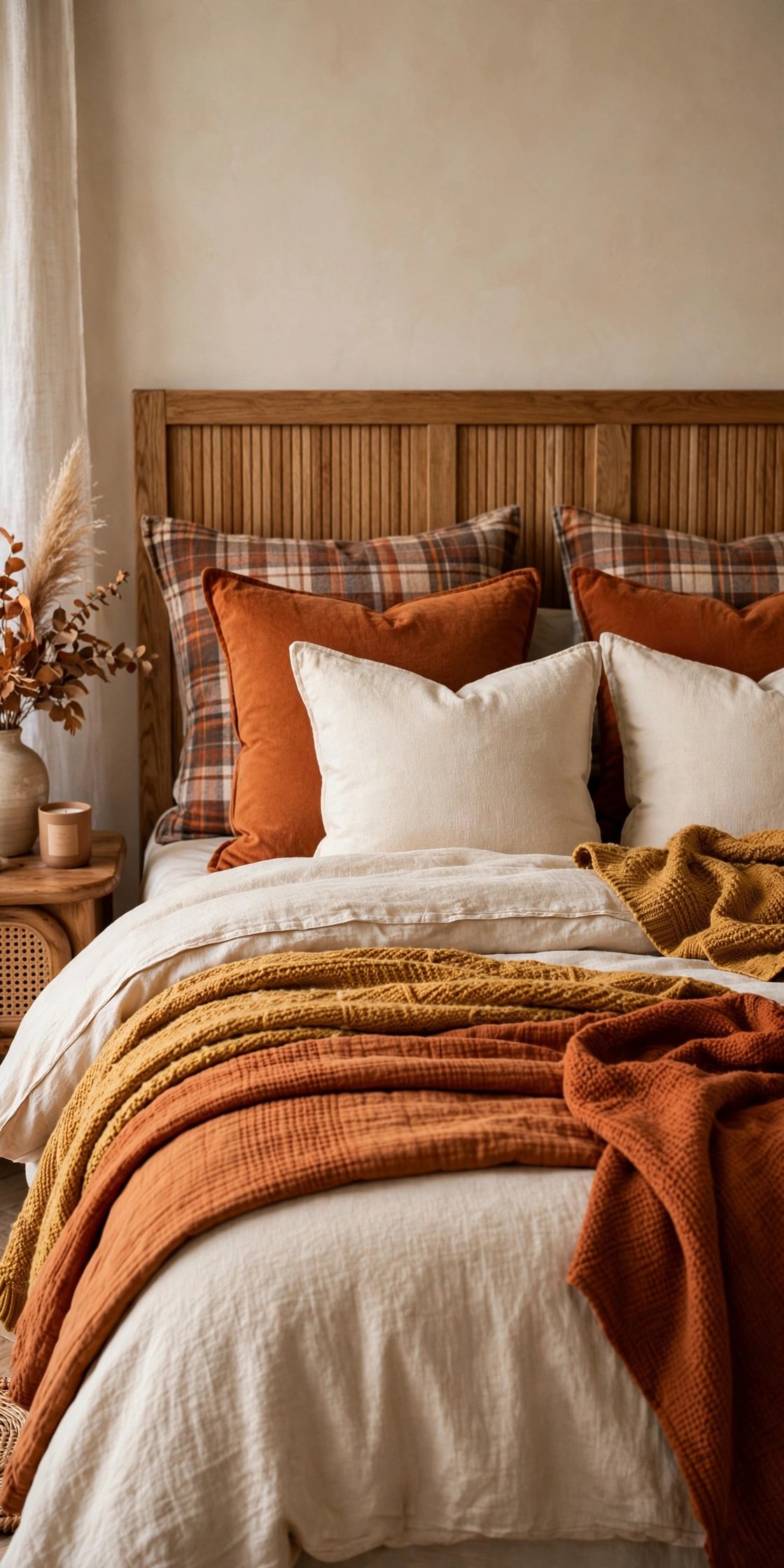 Plaid and solid pillows on fall bed