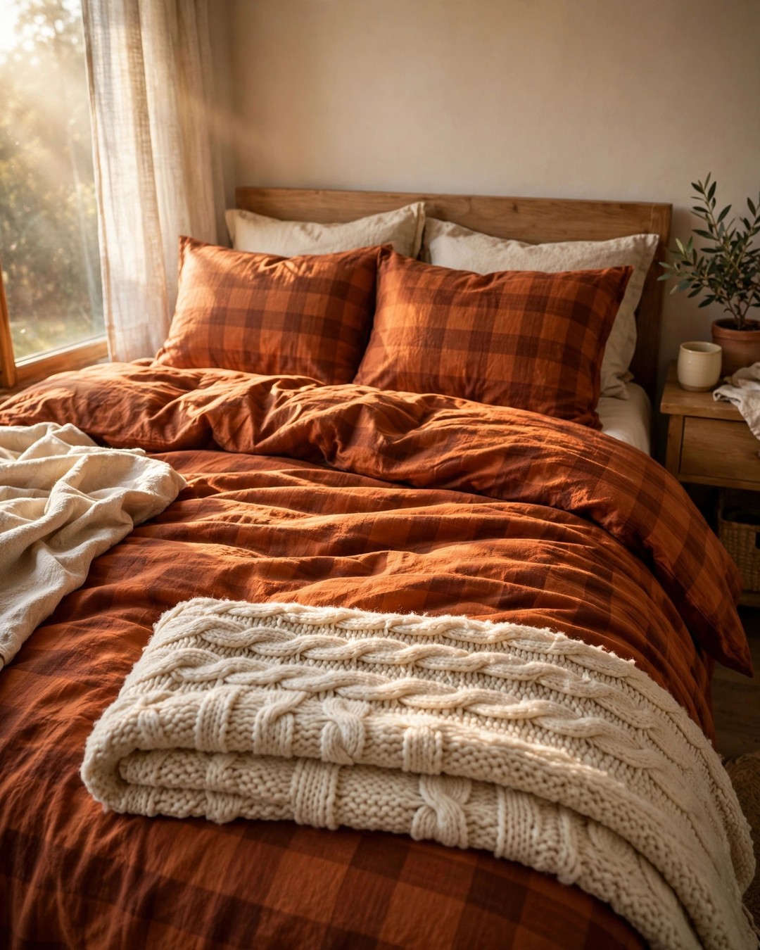 Rust flannel sheets and cream knit throw on a cozy fall bed