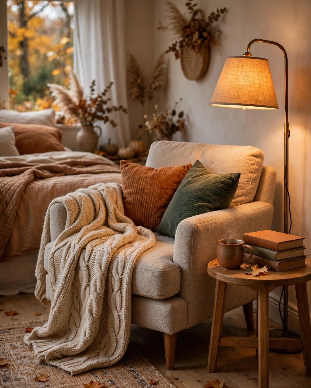 Cozy reading corner with knit blanket and floor lamp