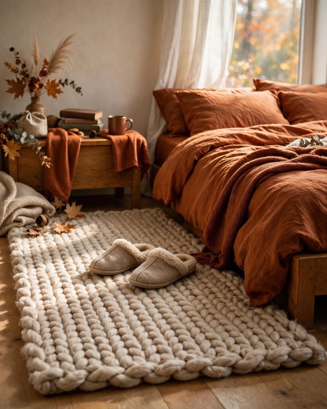 Warm wool rug beside a bed with rust bedding