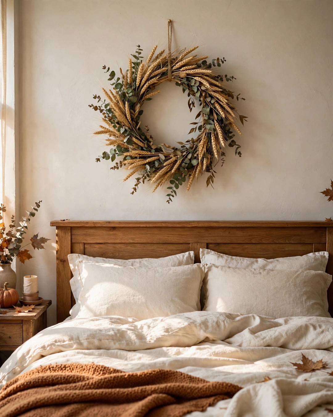 Dried wheat wreath hanging above a bed headboard