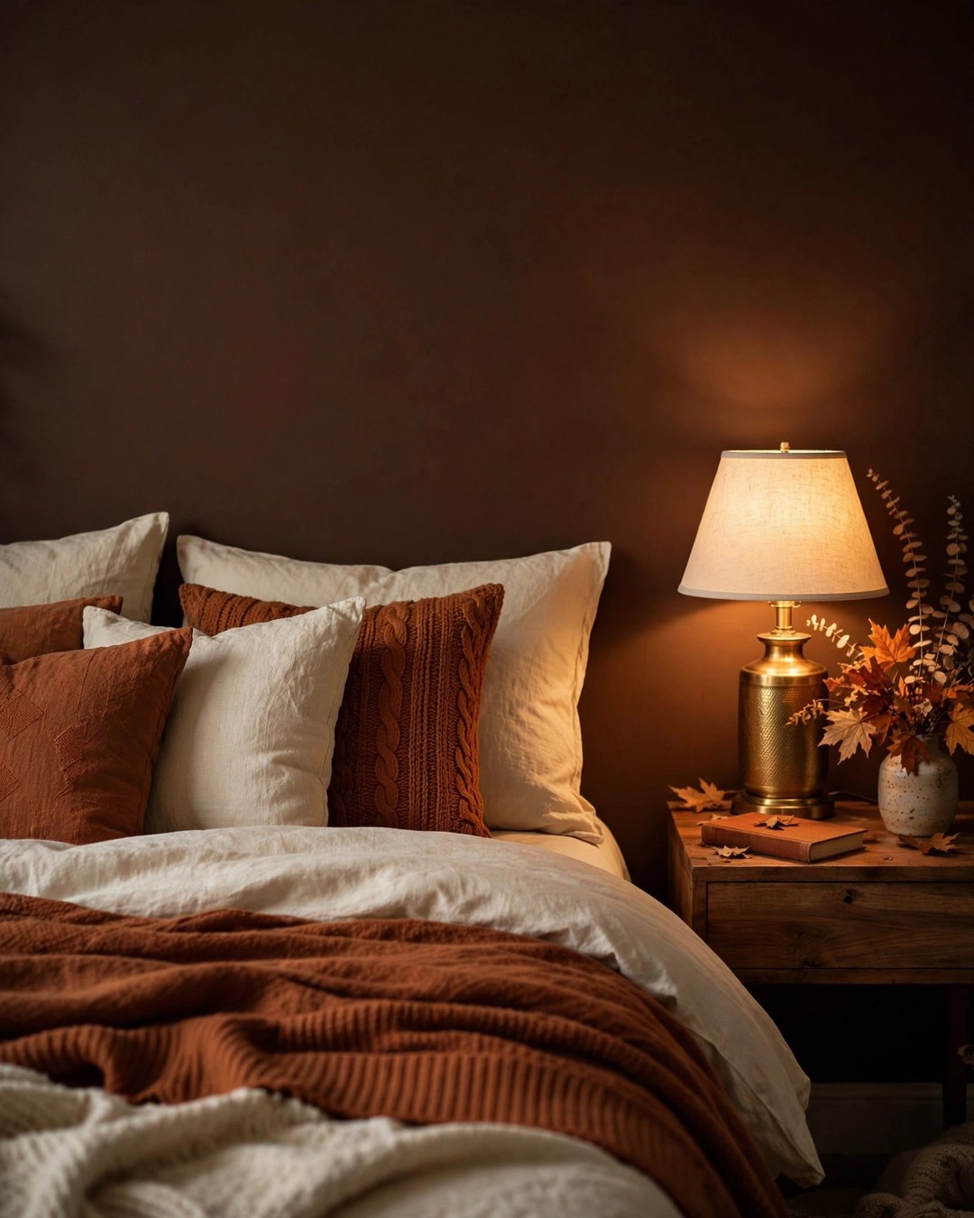 Bedroom wall painted deep chocolate brown behind a bed