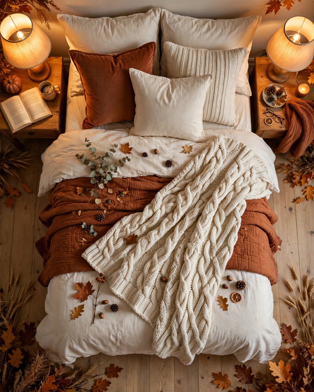 Overhead view of a cozy fall bedroom with layered bedding