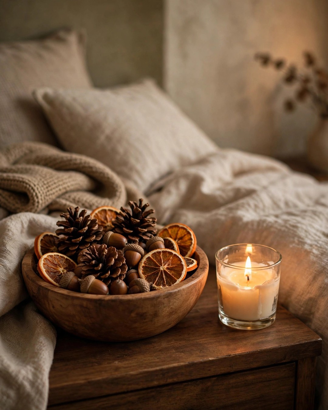 Wooden bowl of pinecones and acorns on a nightstand