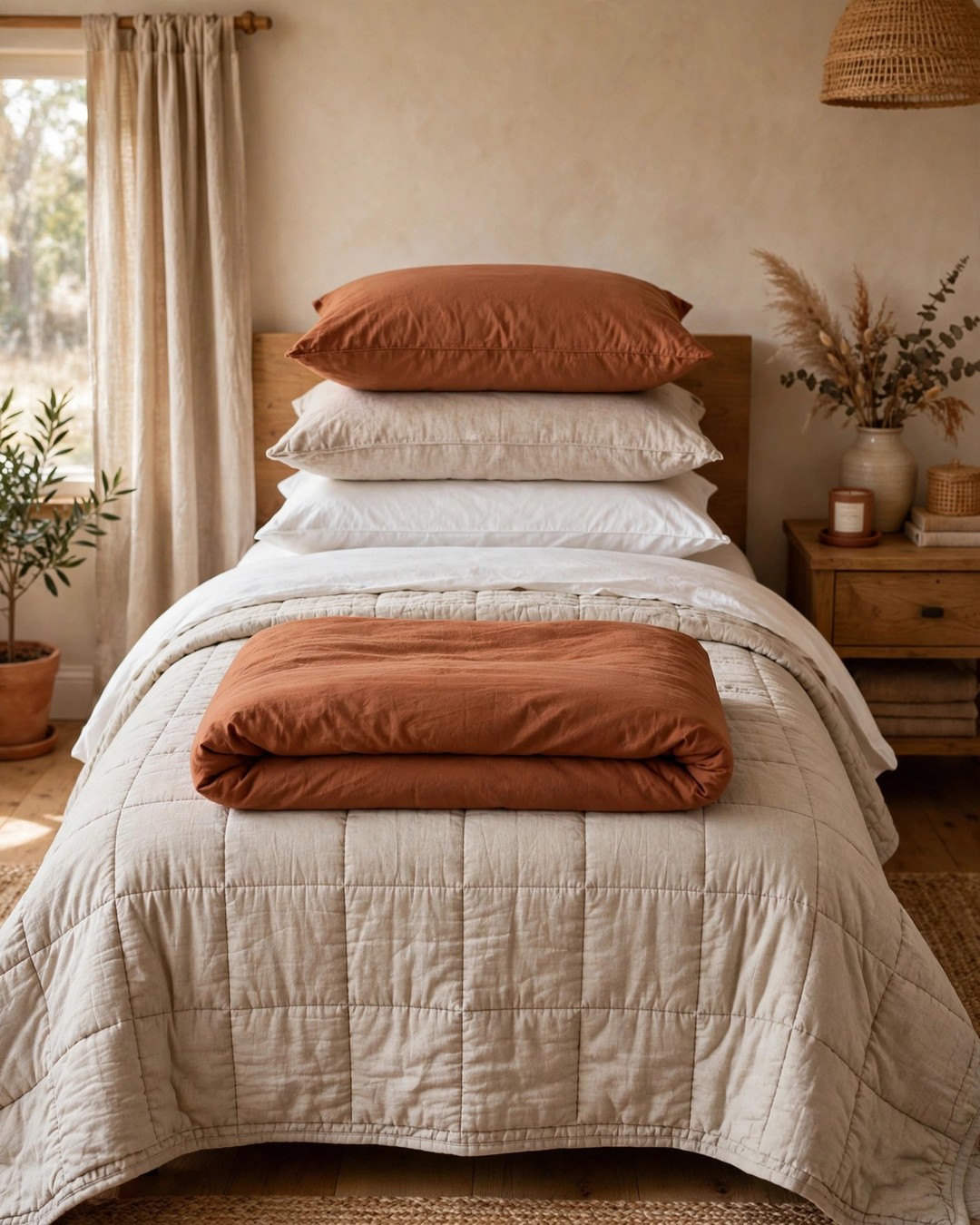 Layered quilts and duvet styled on a fall bedroom bed