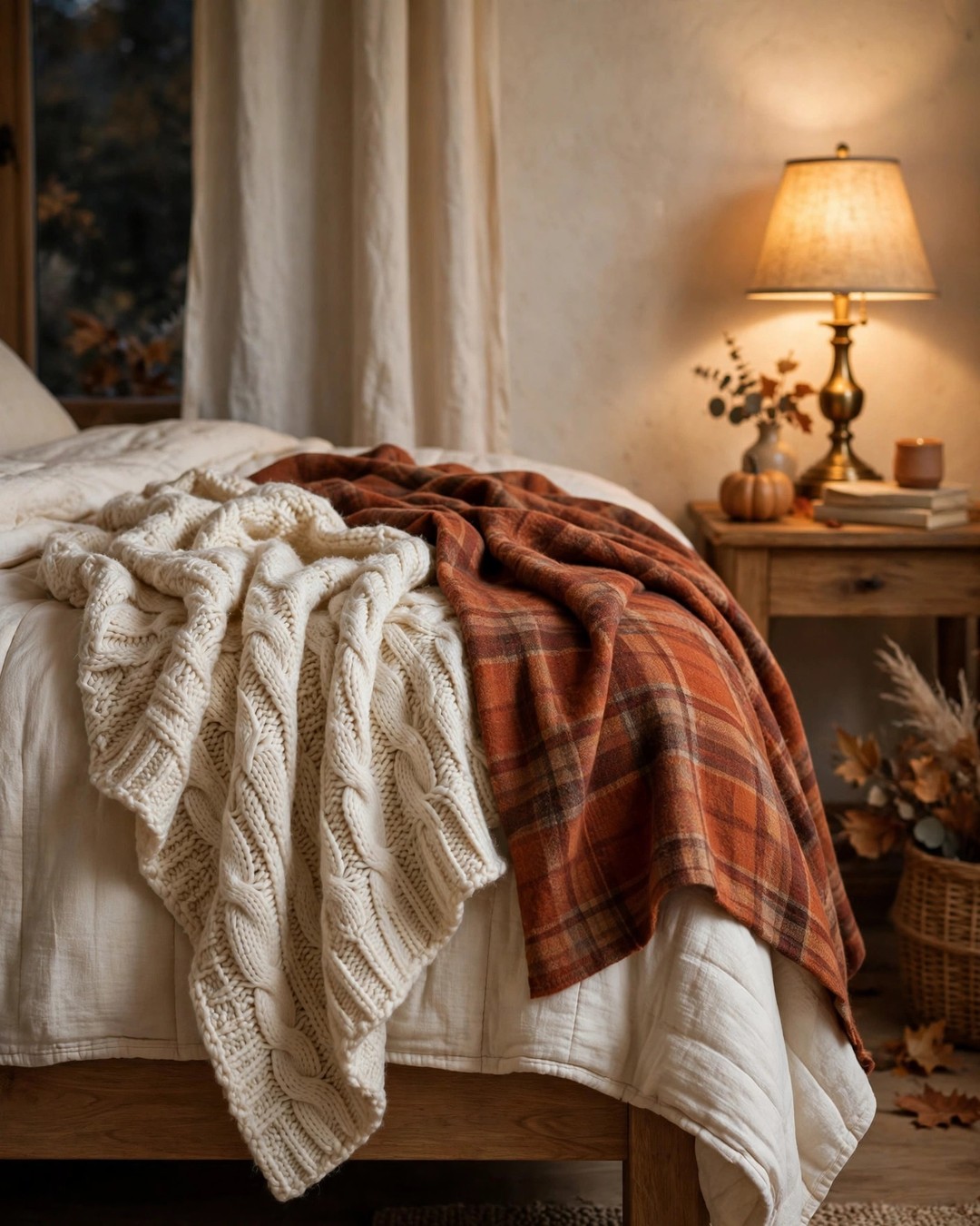 Chunky knit and rust plaid throws draped on a bed