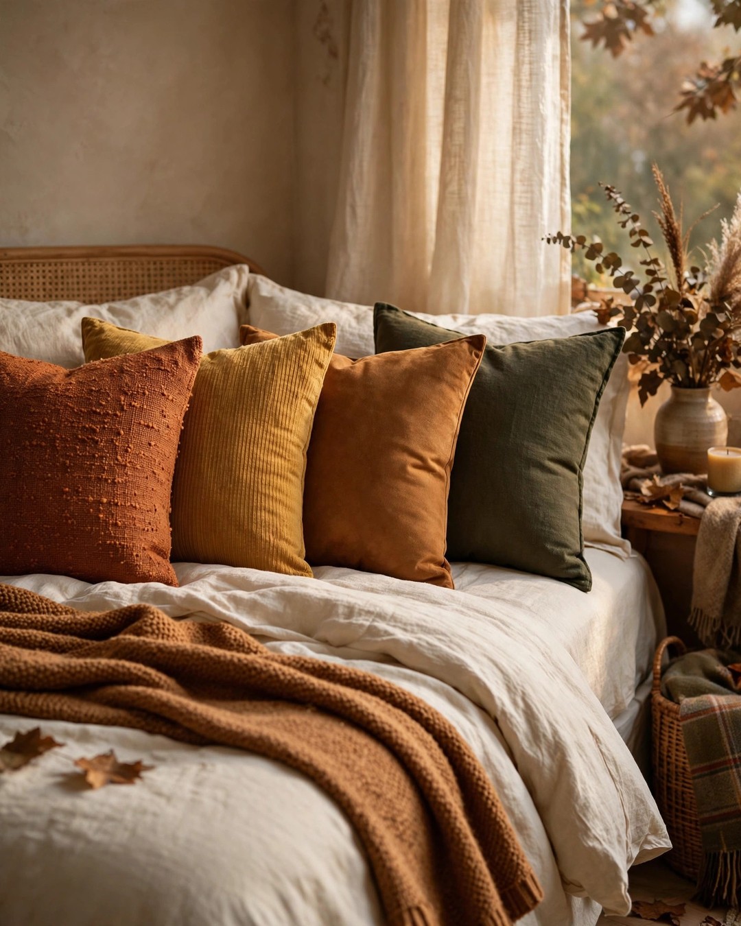Throw pillows in rust mustard and caramel on cream bedding