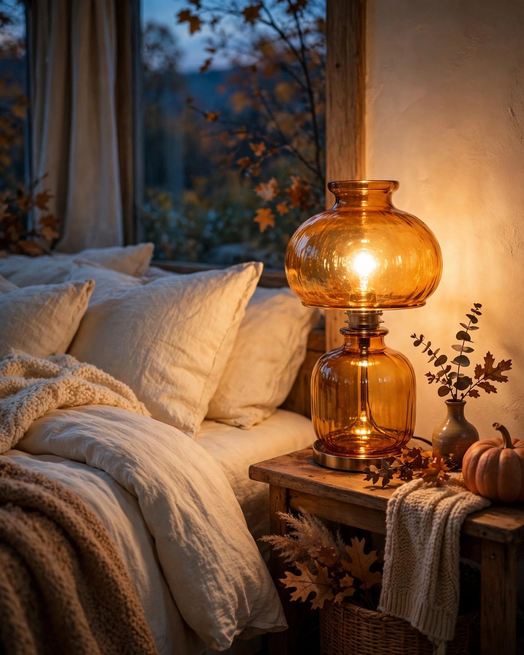 Amber glass bedside lamp glowing warmly at dusk