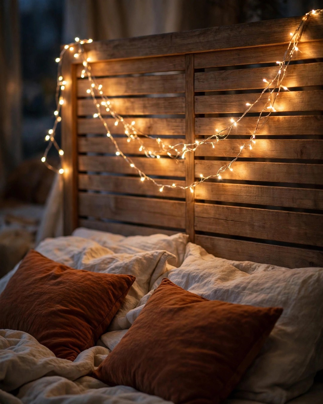 Warm fairy lights draped over a wooden headboard