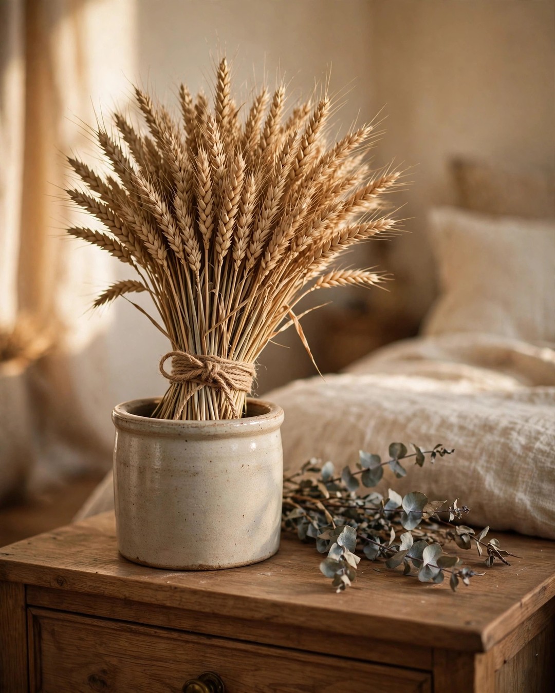 Dried wheat bundle in a ceramic crock on a dresser