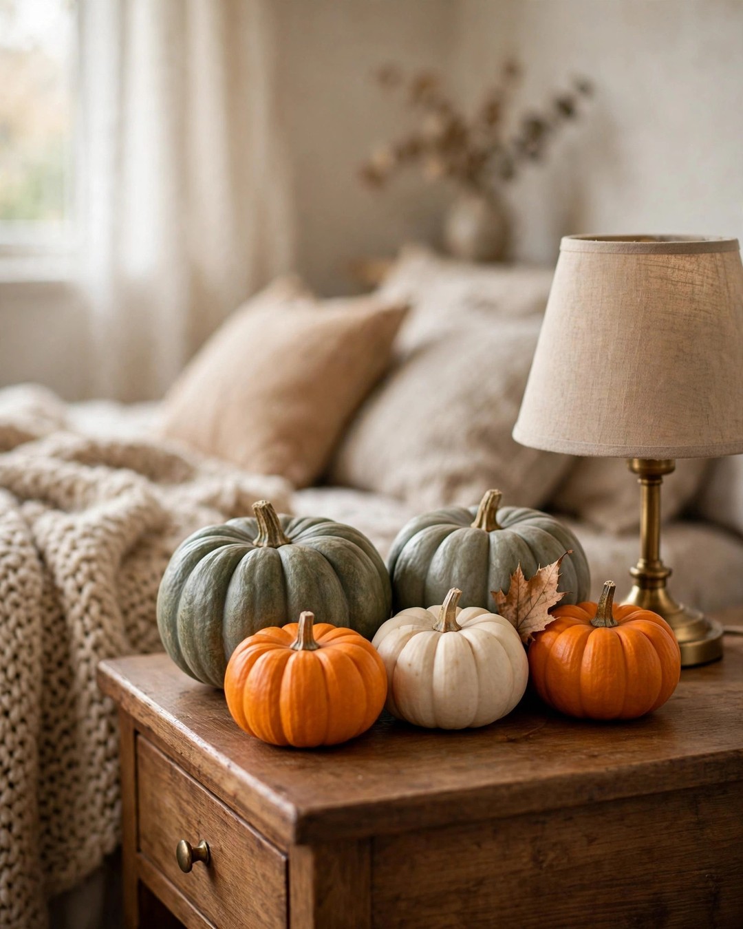 Mini pumpkins clustered on a wooden nightstand