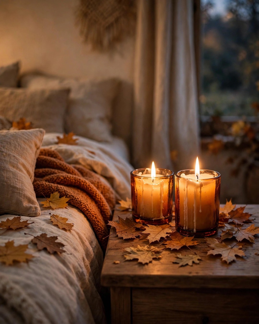 Lit pillar candles in amber holders on a nightstand