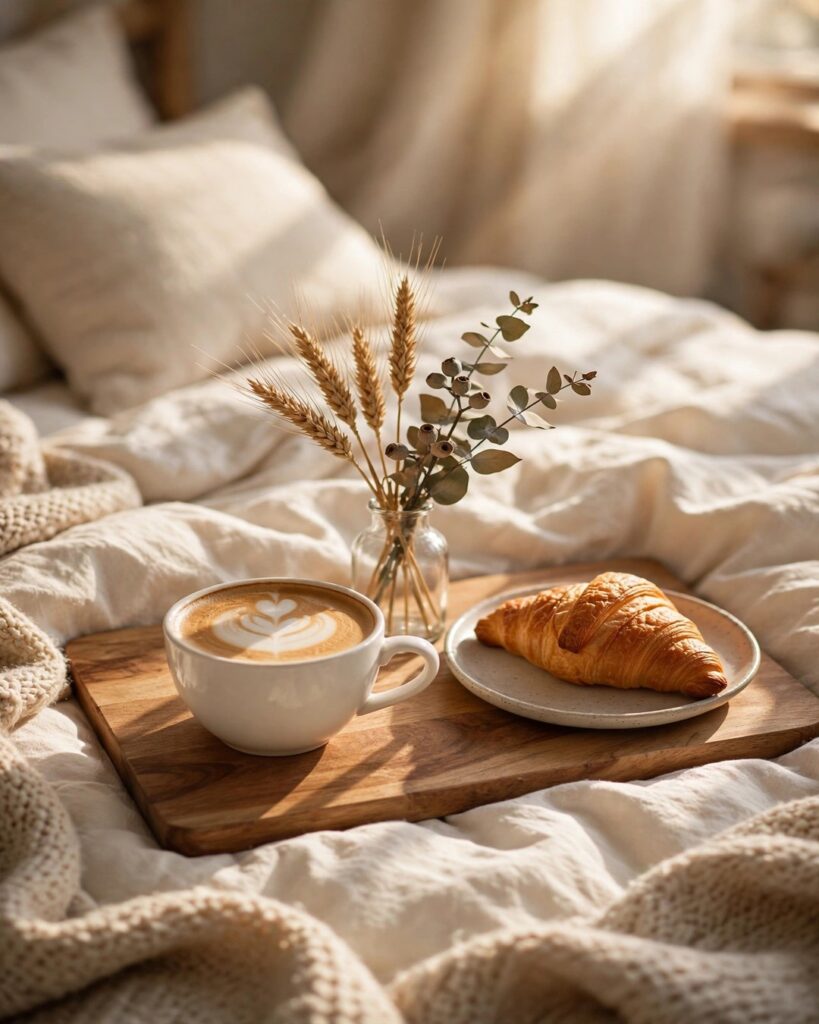Wooden breakfast tray with coffee, croissant and dried wheat on fall bedding