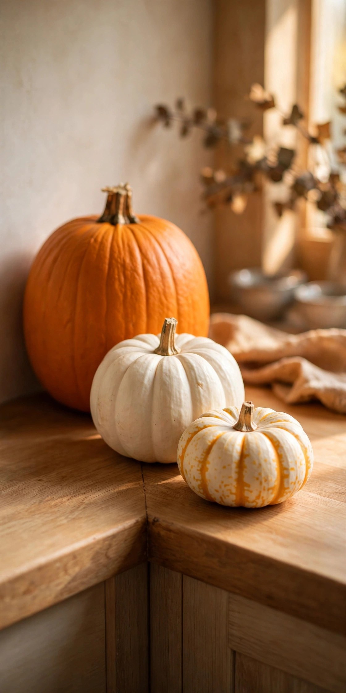Small pumpkin cluster on kitchen counter