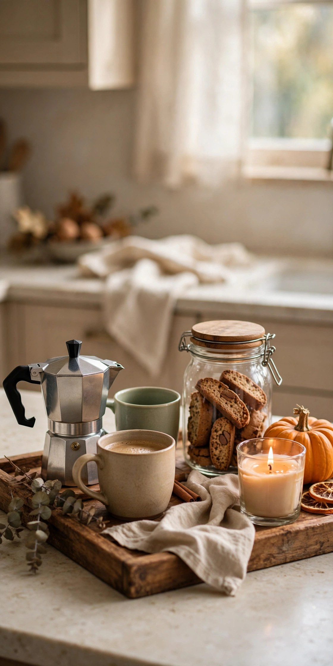 Fall coffee station on wooden tray