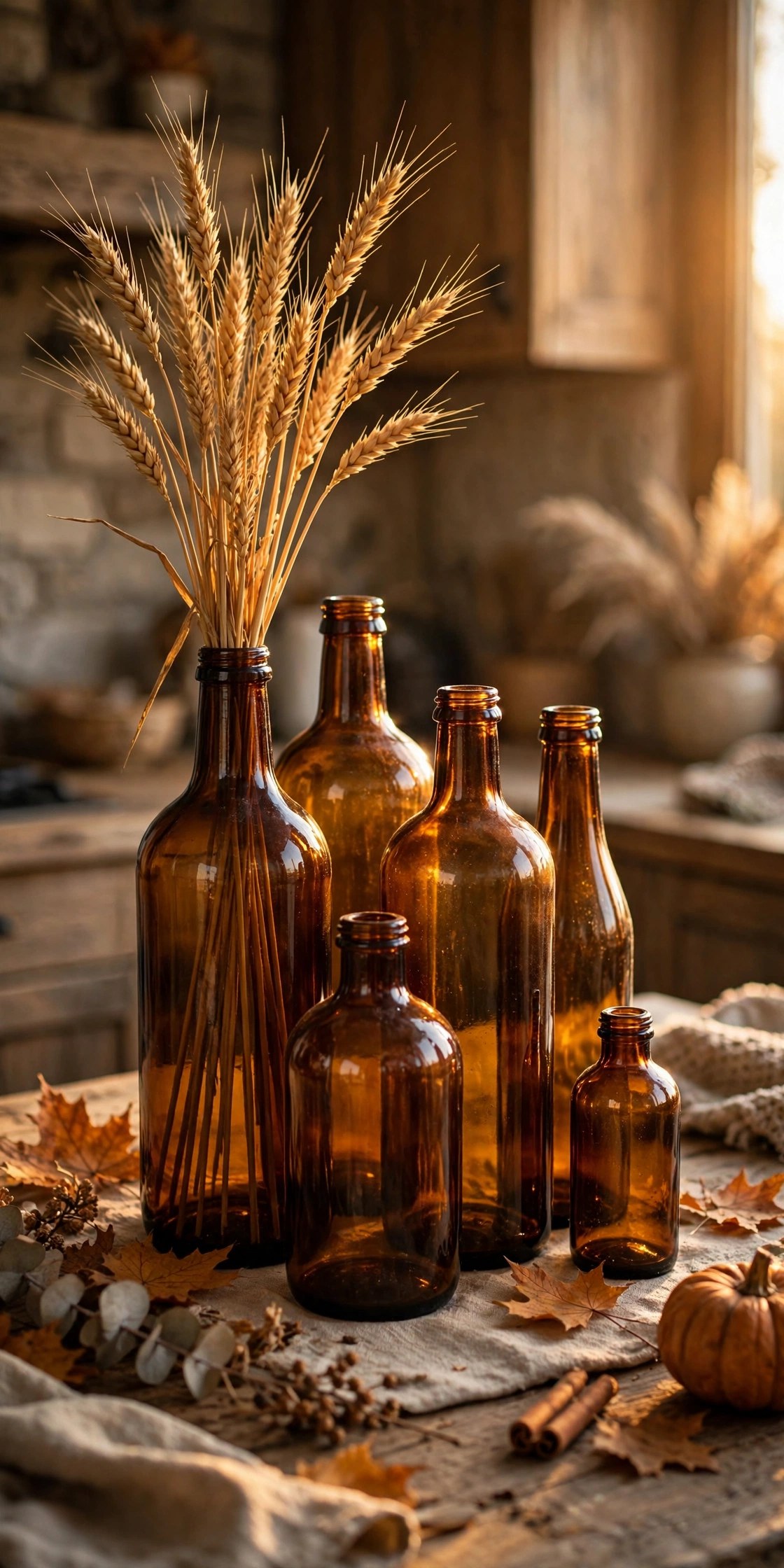 Amber glass bottles on kitchen counter