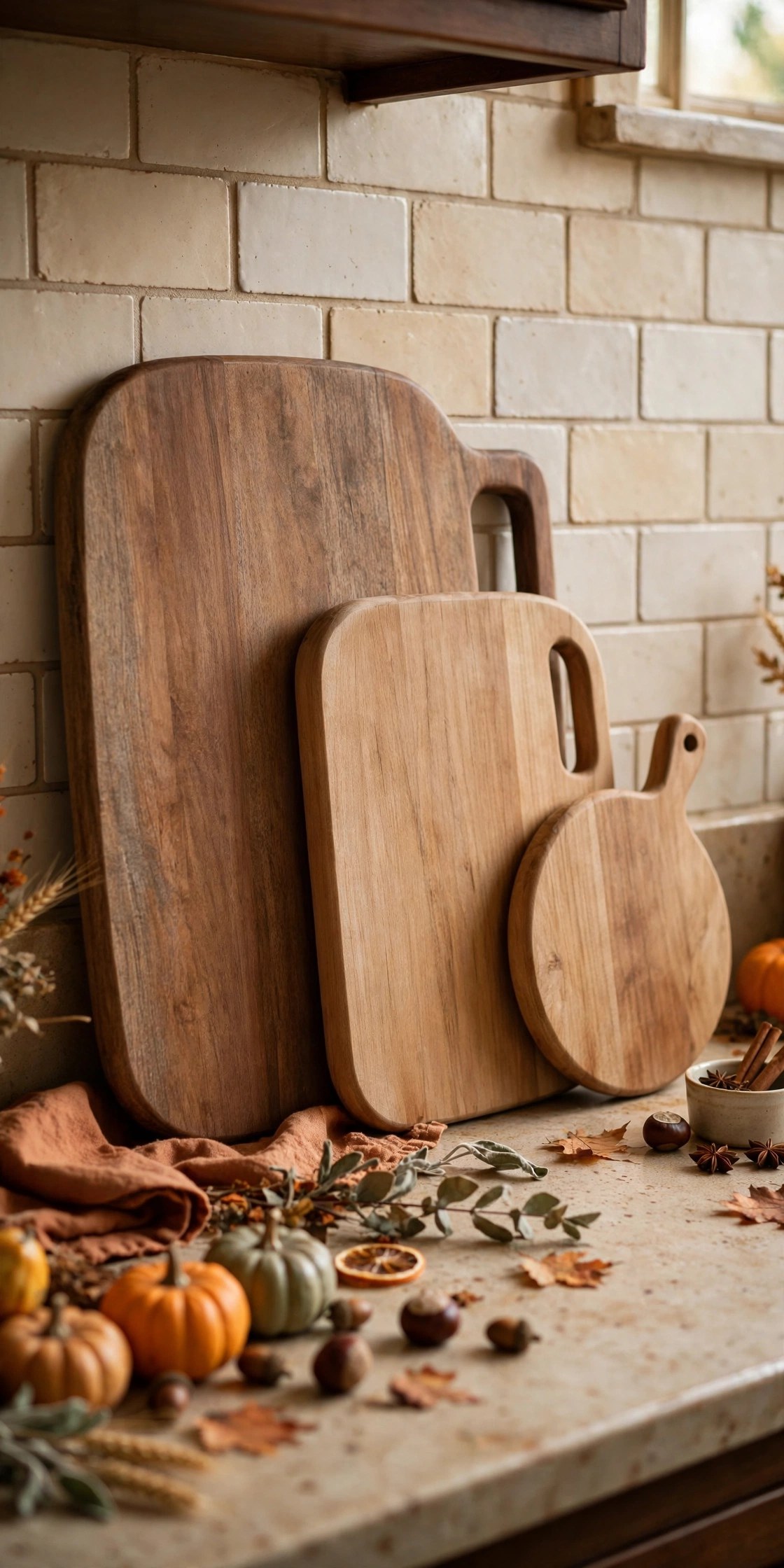 Wooden cutting boards against backsplash